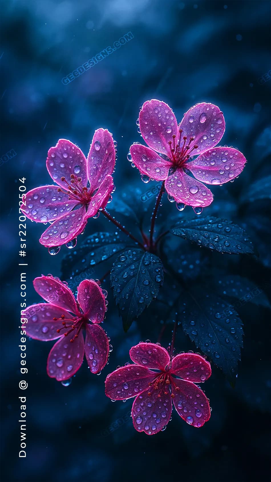 950x1689 Aesthetic Pink Flower iPhone Wallpaper with Rain Droplets and Dark Blue Background: Free & Premium Creative Assets