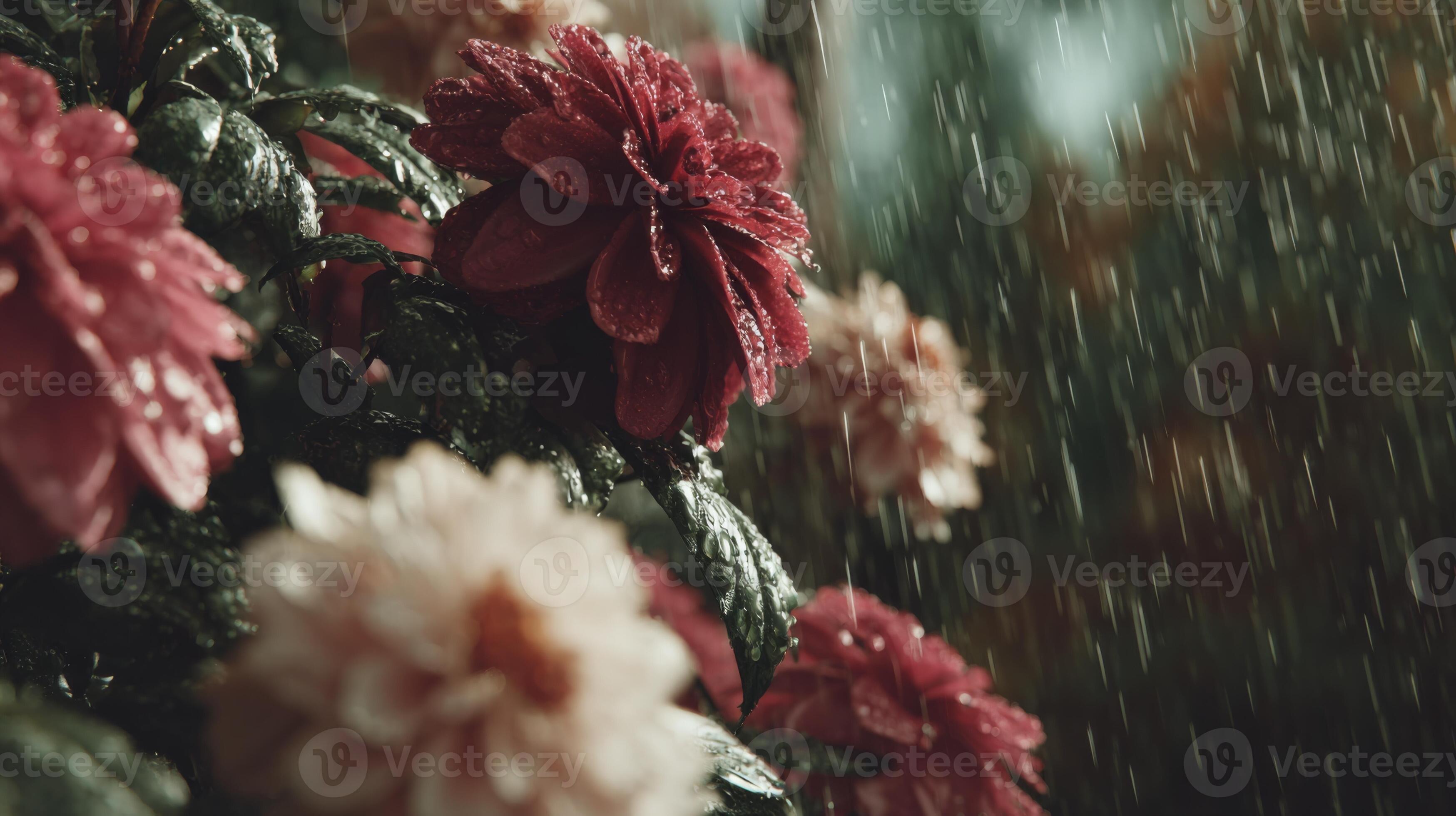 3497x1960 Vibrant Flowers in Rain with Water Droplets, Freshness and Nature Capture, Beautiful Floral Background in Soft Focus