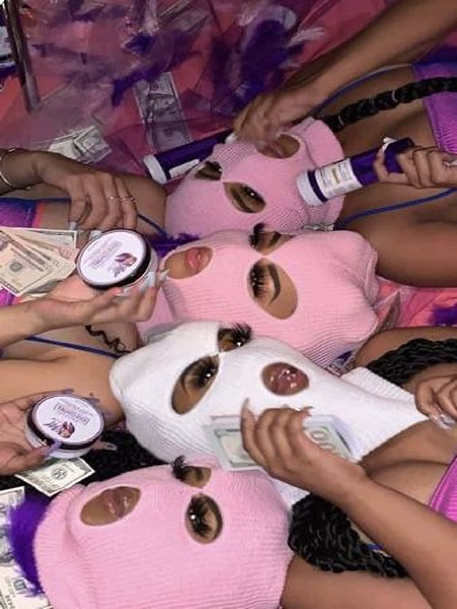 900x1200 Ski Mask Girl In Bed With Money Wallpaper
