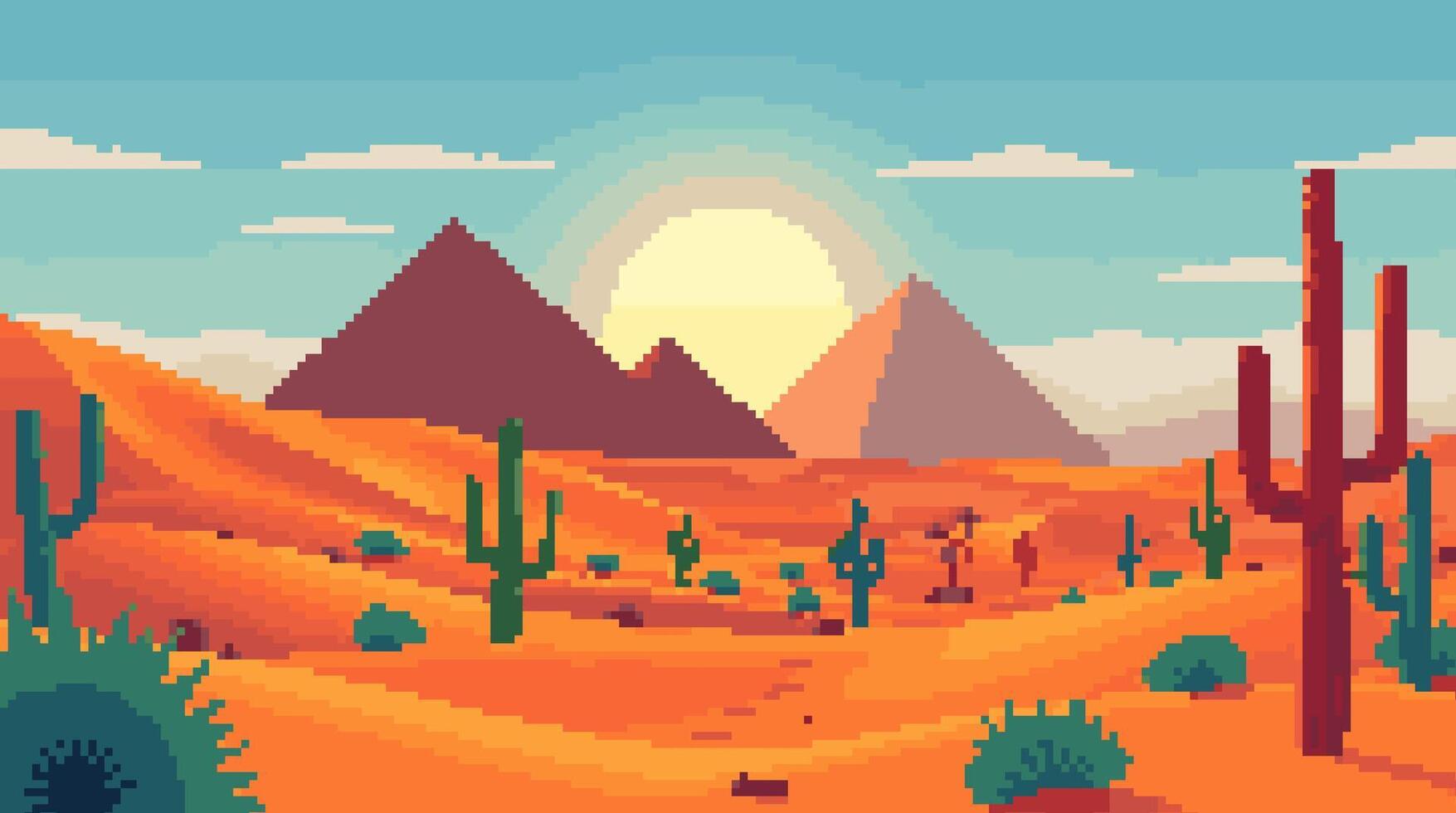 1755x980 Beautiful Desert Sunset with Cacti in Pixel Art