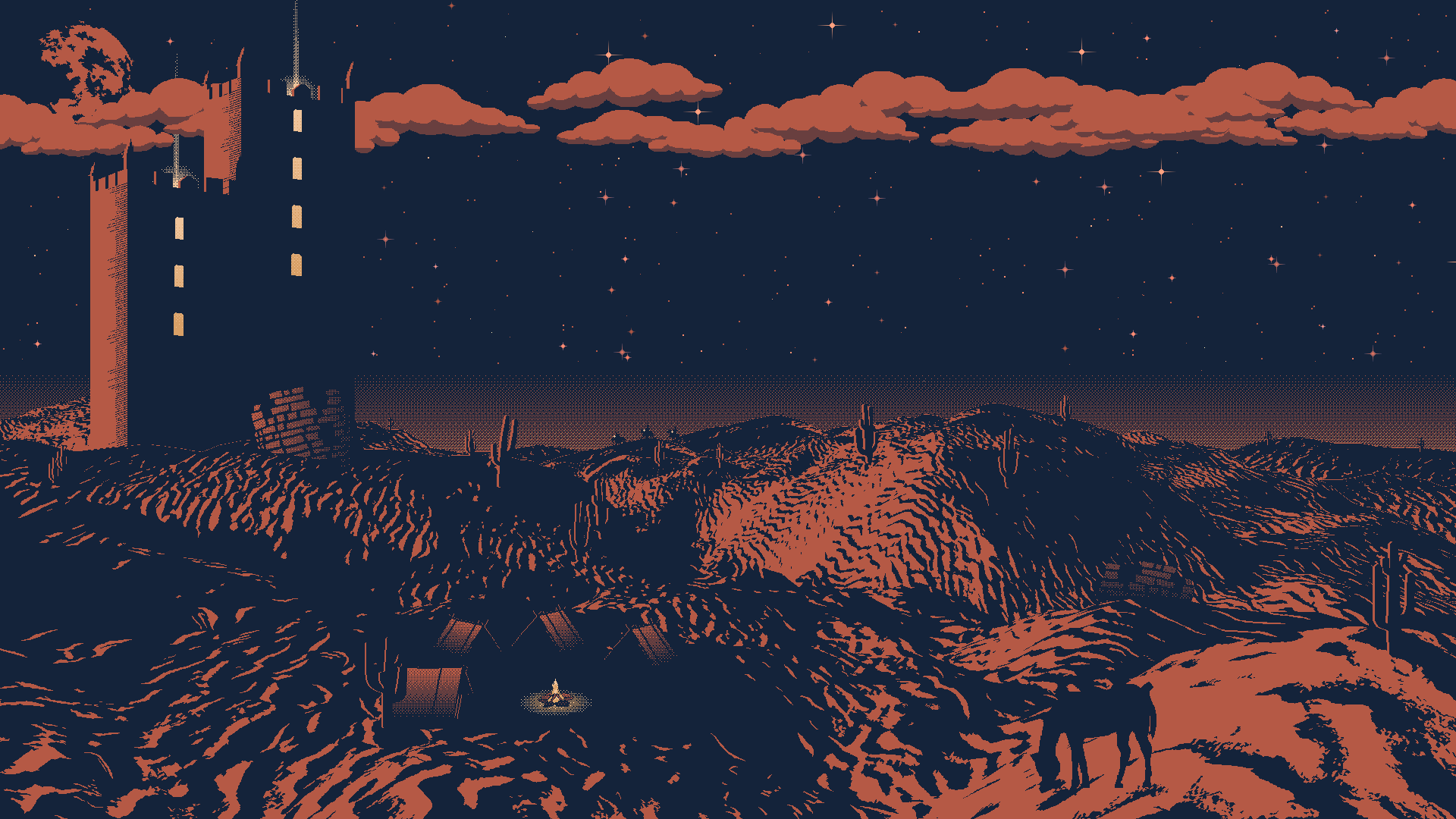 1920x1080 Desert Towers. made in Aseprite. [OC]