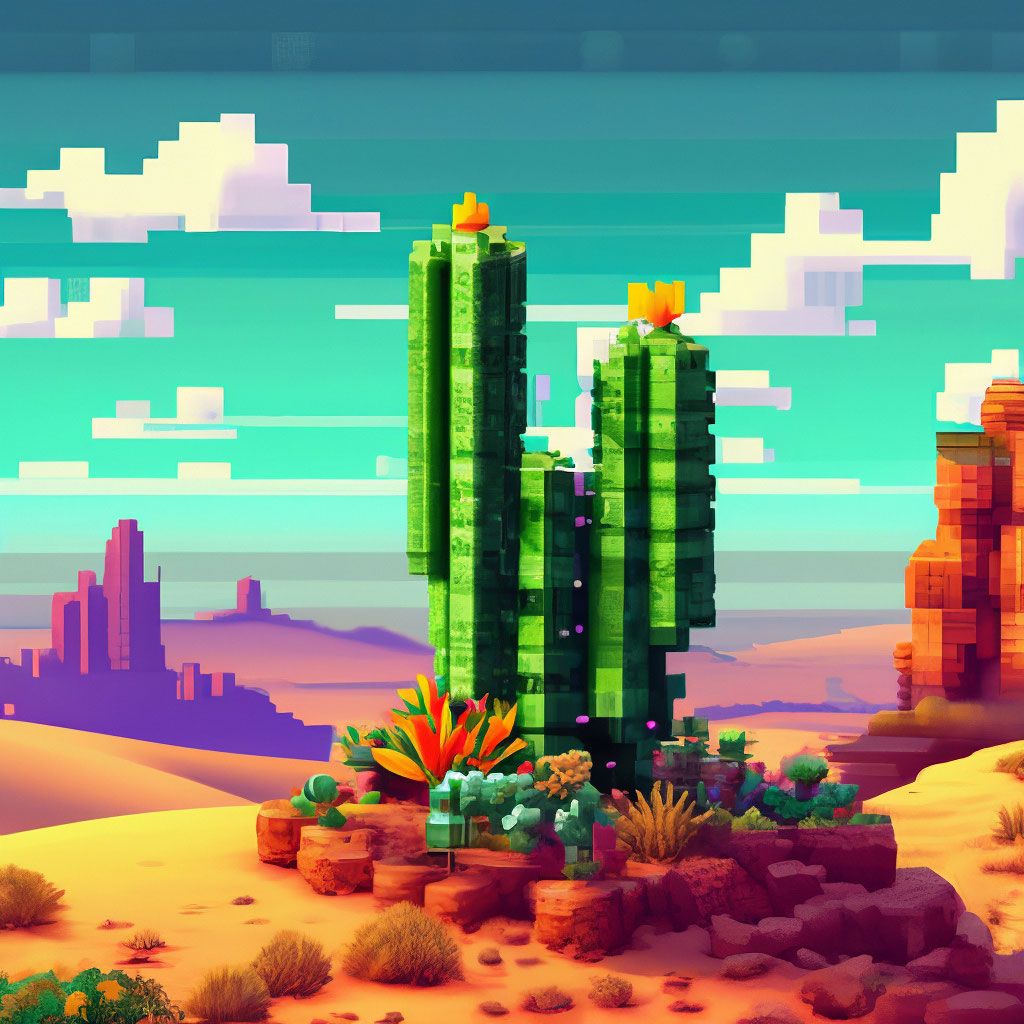 1024x1024 Pixel art tumbleweed in the desert, pixel cactus 3D pixel wallpaper 4k