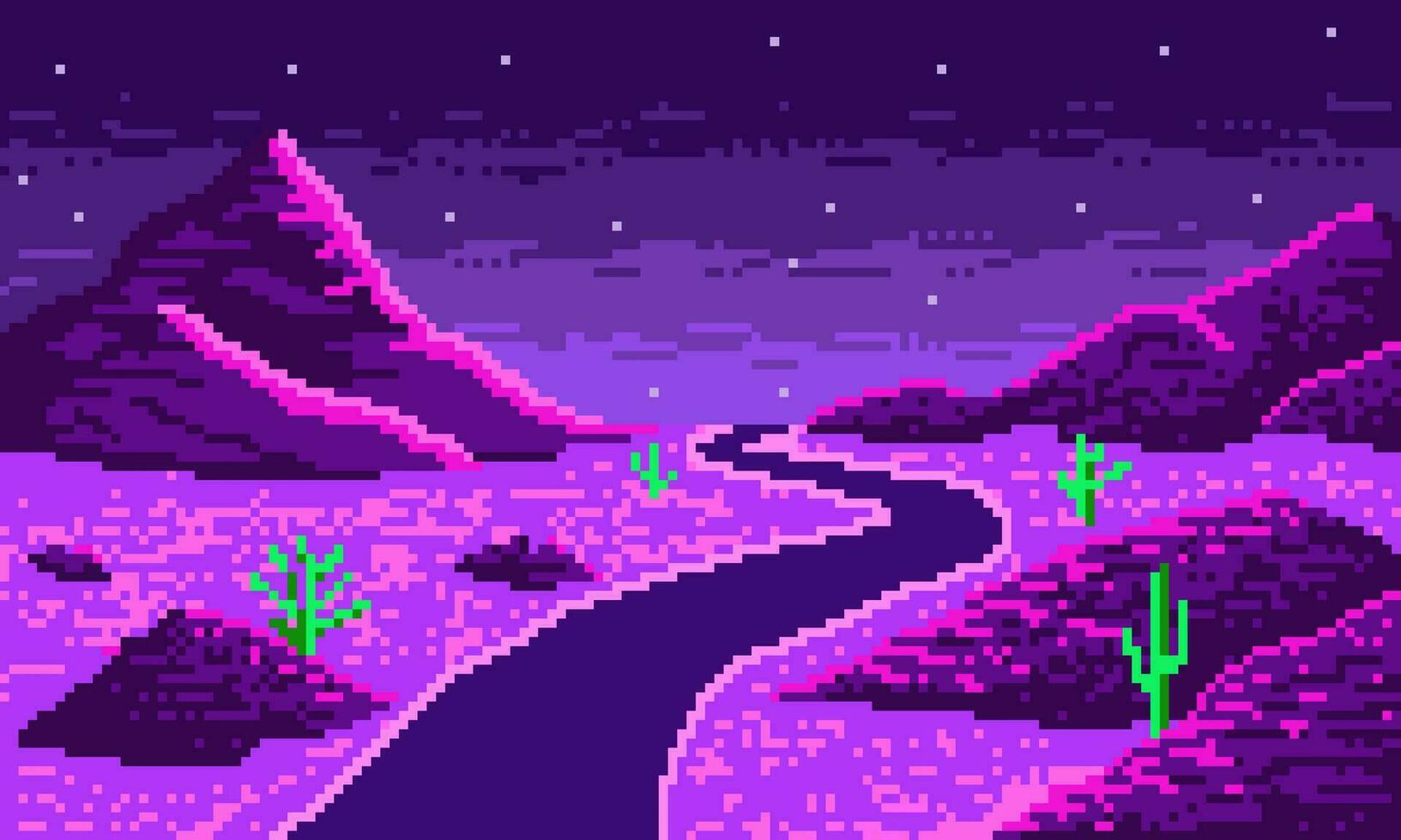 1633x980 Night pixelated neon desert with winding road background. Hot synthwave 8bit valley with starry sky with purple road and hills vector thorny green cacti