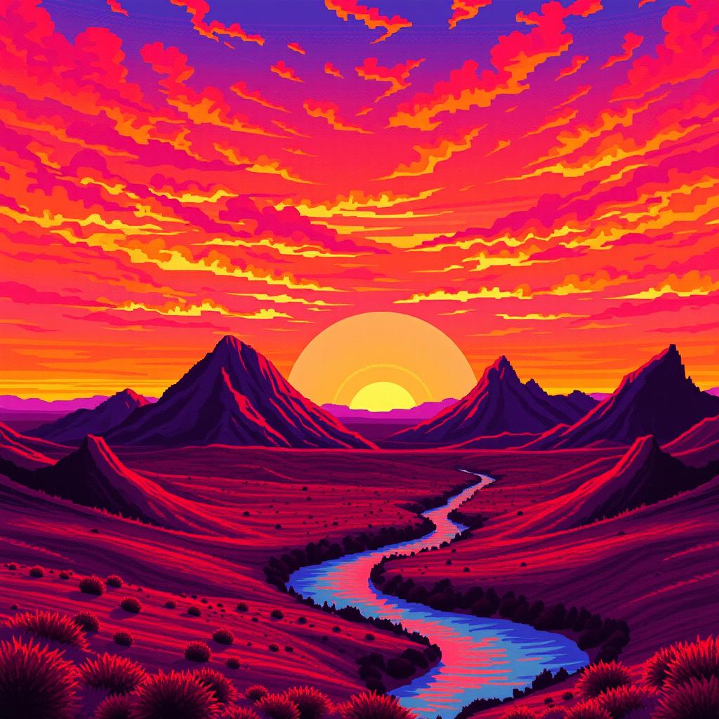 1024x1024 Serene Desert Sunset: A Pixel Art Journey