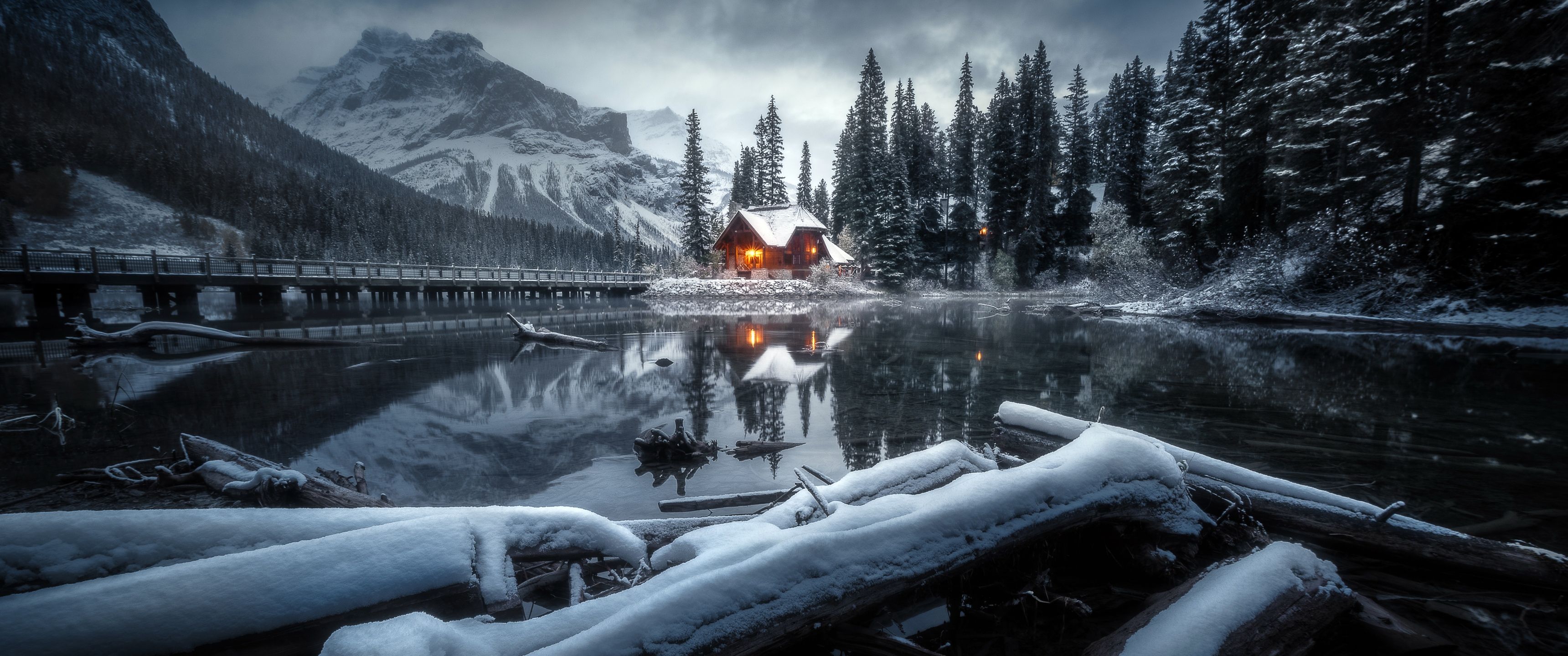 3440x1440 Cozy Wallpaper 4K, Winterscape, Cabin, Snowy Trees