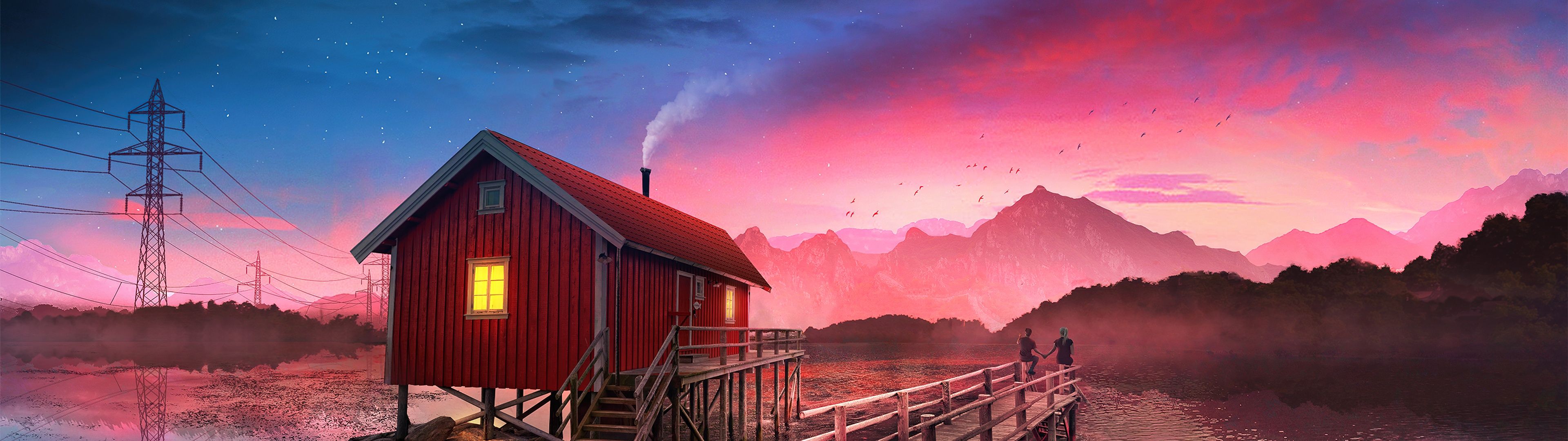 3840x1080 Cozy Wallpaper 4K, Cabin, Sunset, Couple, Romantic
