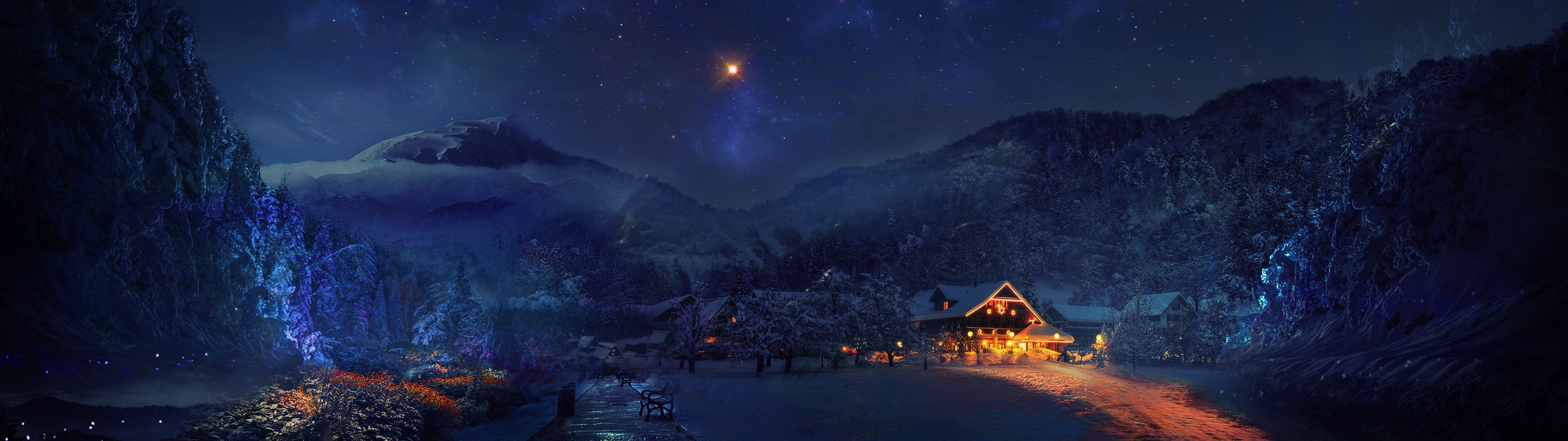 5120x1440 Dual Monitor Winter Night Wallpaper