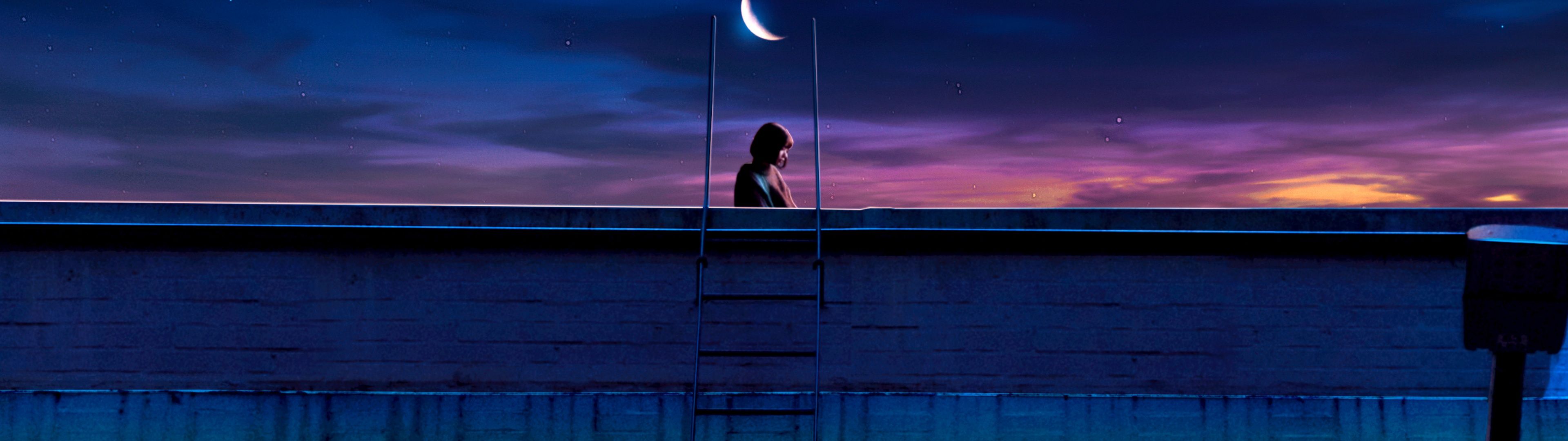 3840x1080 Lofi girl Wallpaper 4K, Illustration, 5K, Crescent Moon