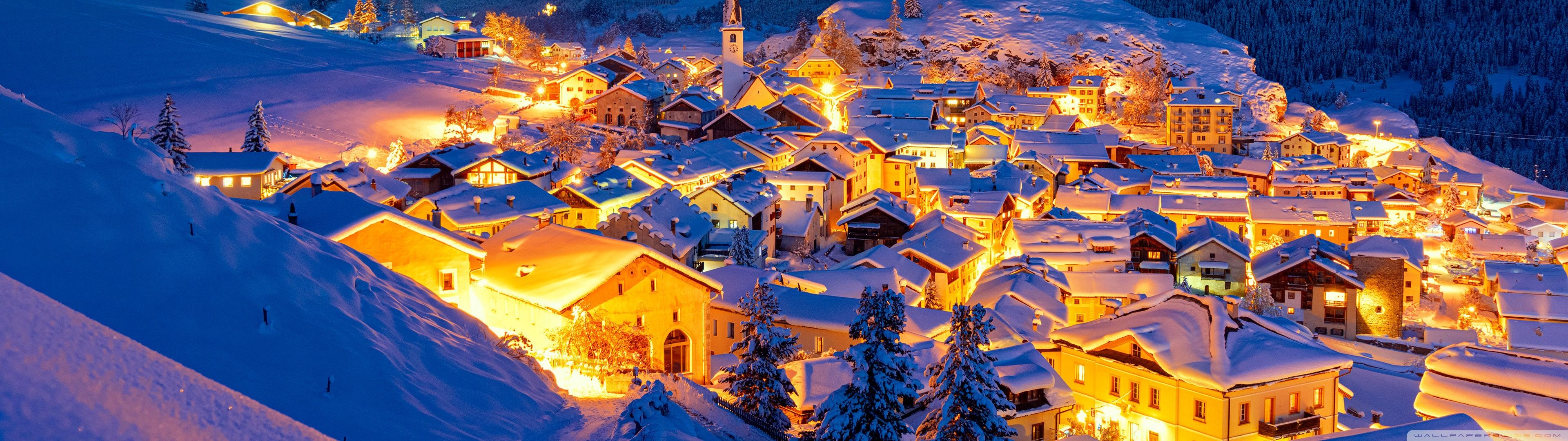 3840x1080 Winter, Snowy Mountain Town, Evening, Golden Lights 4K UHD Wallpaper for UltraHD Desktop and TV : Widescreen and UltraWide Display : Smartphone and Tablet Devices