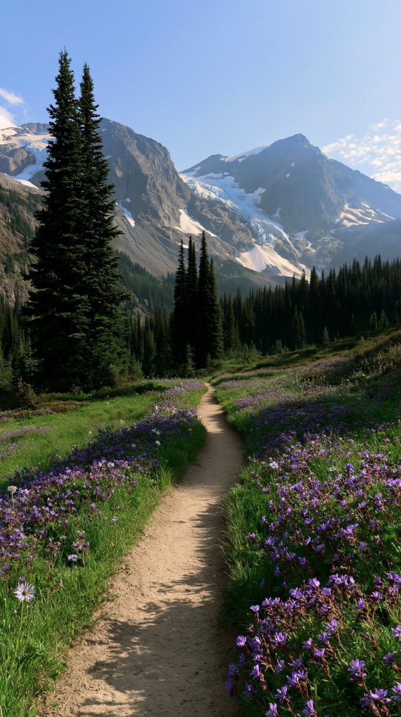 824x1472 Wallpaper Kattradhu Tamil Katrathu Tamil Amazon Prime A Trail Winds Through A Meadow With Wildflowers And Mountains In The Background On A Sunny Day
