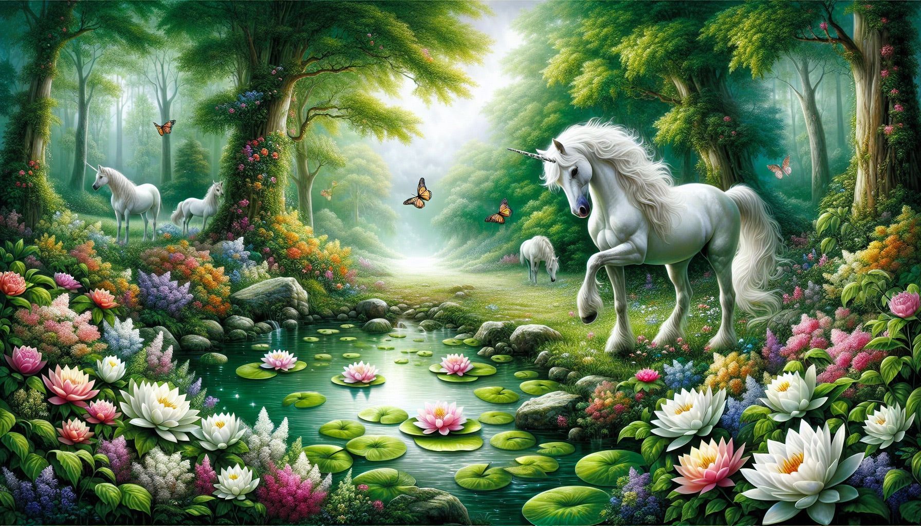 1792x1024 Unicorn Mural Wallpaper. Enchanted Forest with Butterflies and Pond