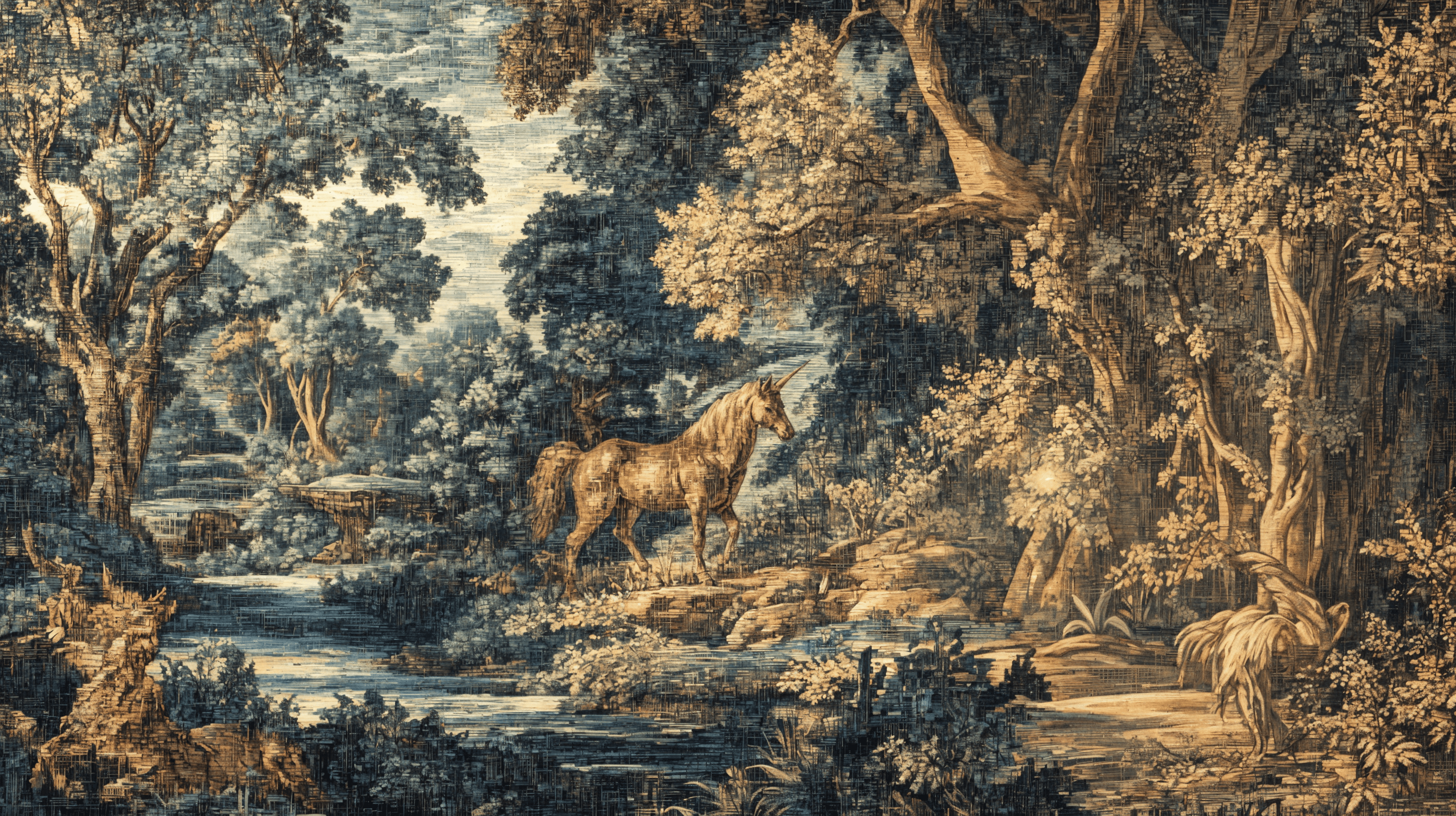 2912x1632 Vintage Unicorn In The Forest Mural Style Golden Forest Decor Pre Pasted / 150W X 108H
