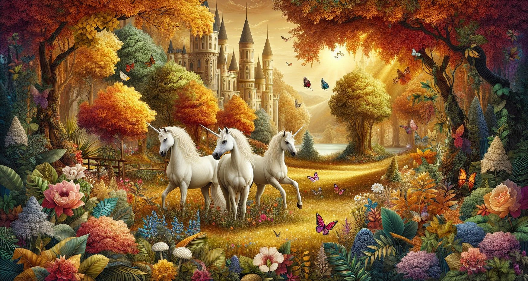 1750x932 Unicorn Mural Wallpaper. Castle in an Enchanted and Magical Forest