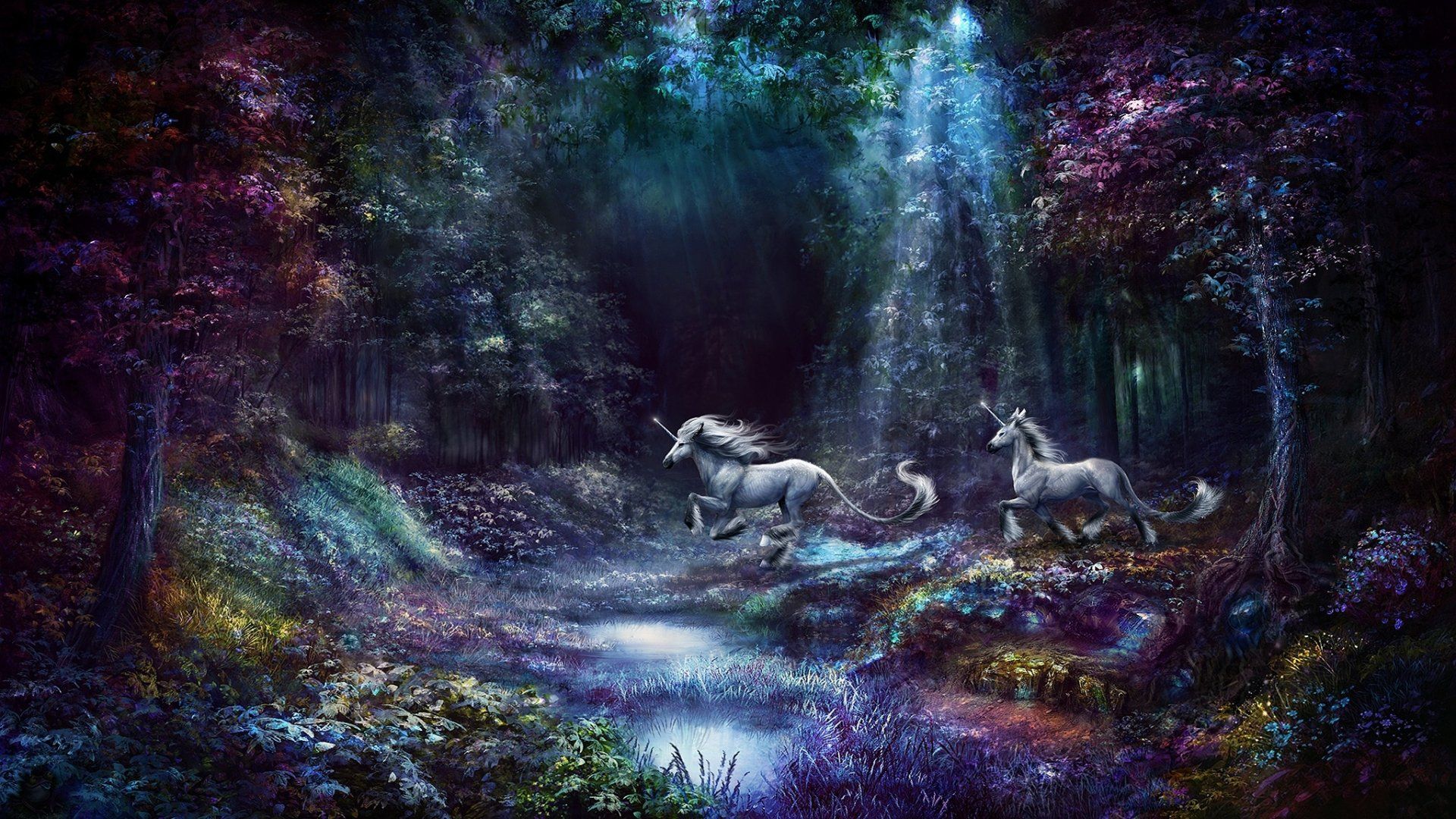 1920x1080 Enchanted Forest Sunbeams: Mystical Unicorn HD Wallpaperx1152