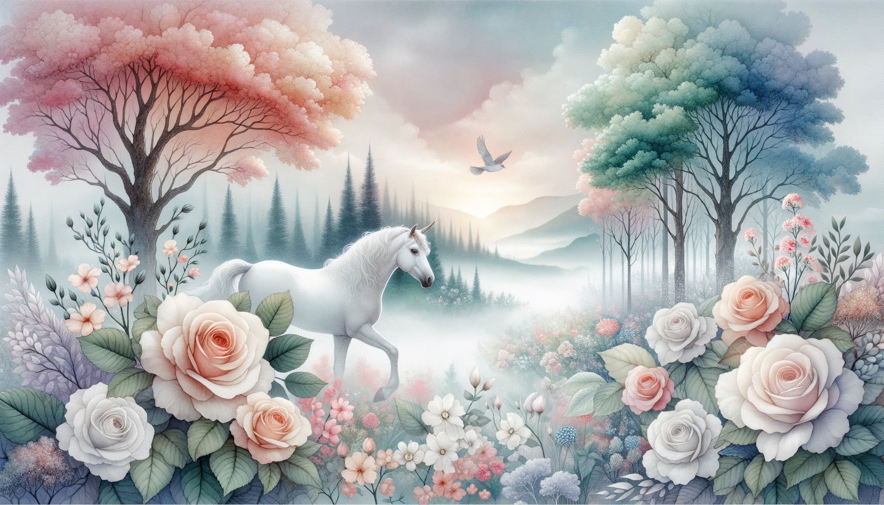 1792x1024 Unicorn Mural Wallpaper. Enchanted Forest with Pink Roses