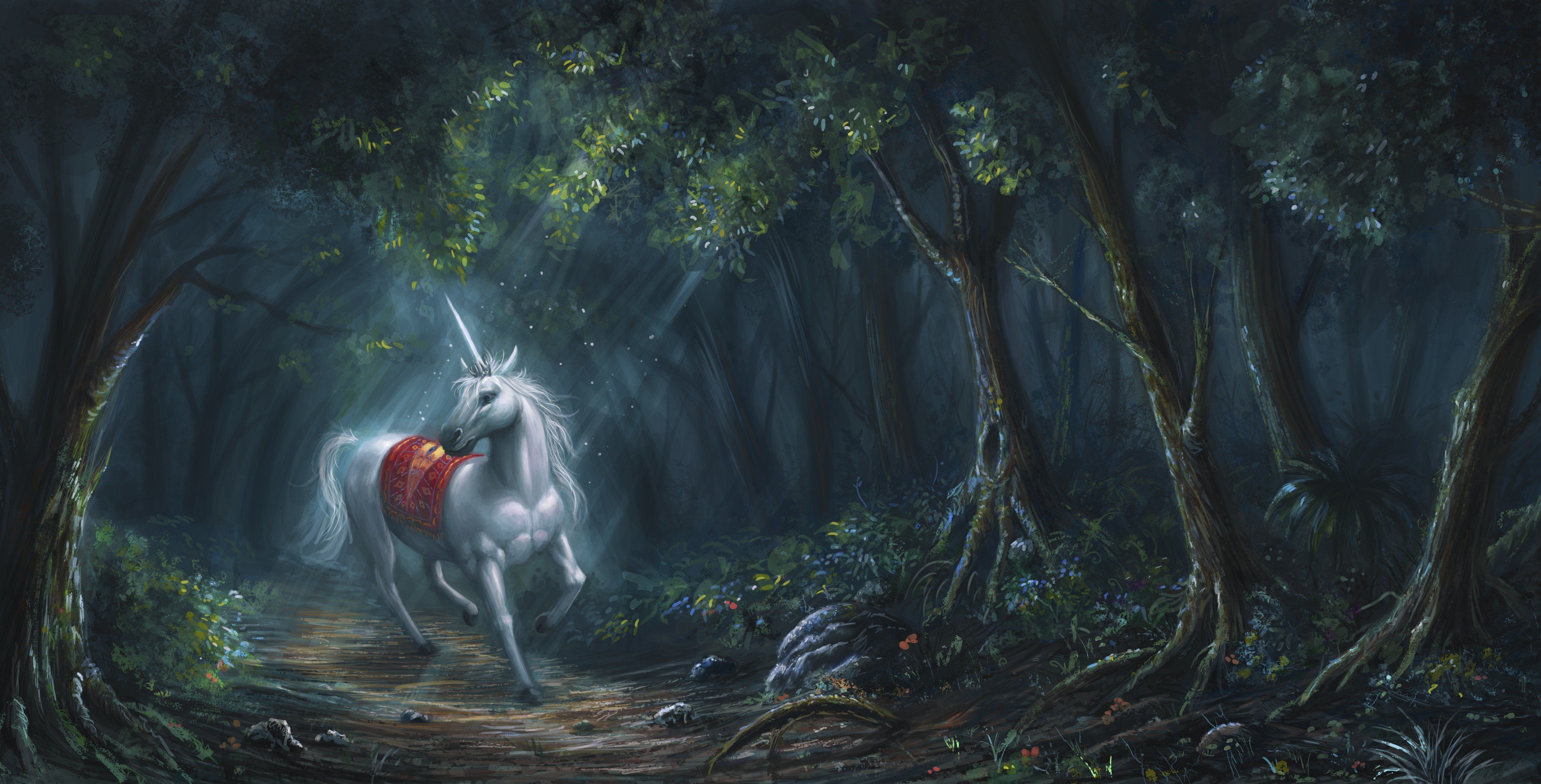 4641x2362 fantasy, Horse, Forest, Horn, Art, Unicorn, White Wallpaper HD / Desktop and Mobile Background