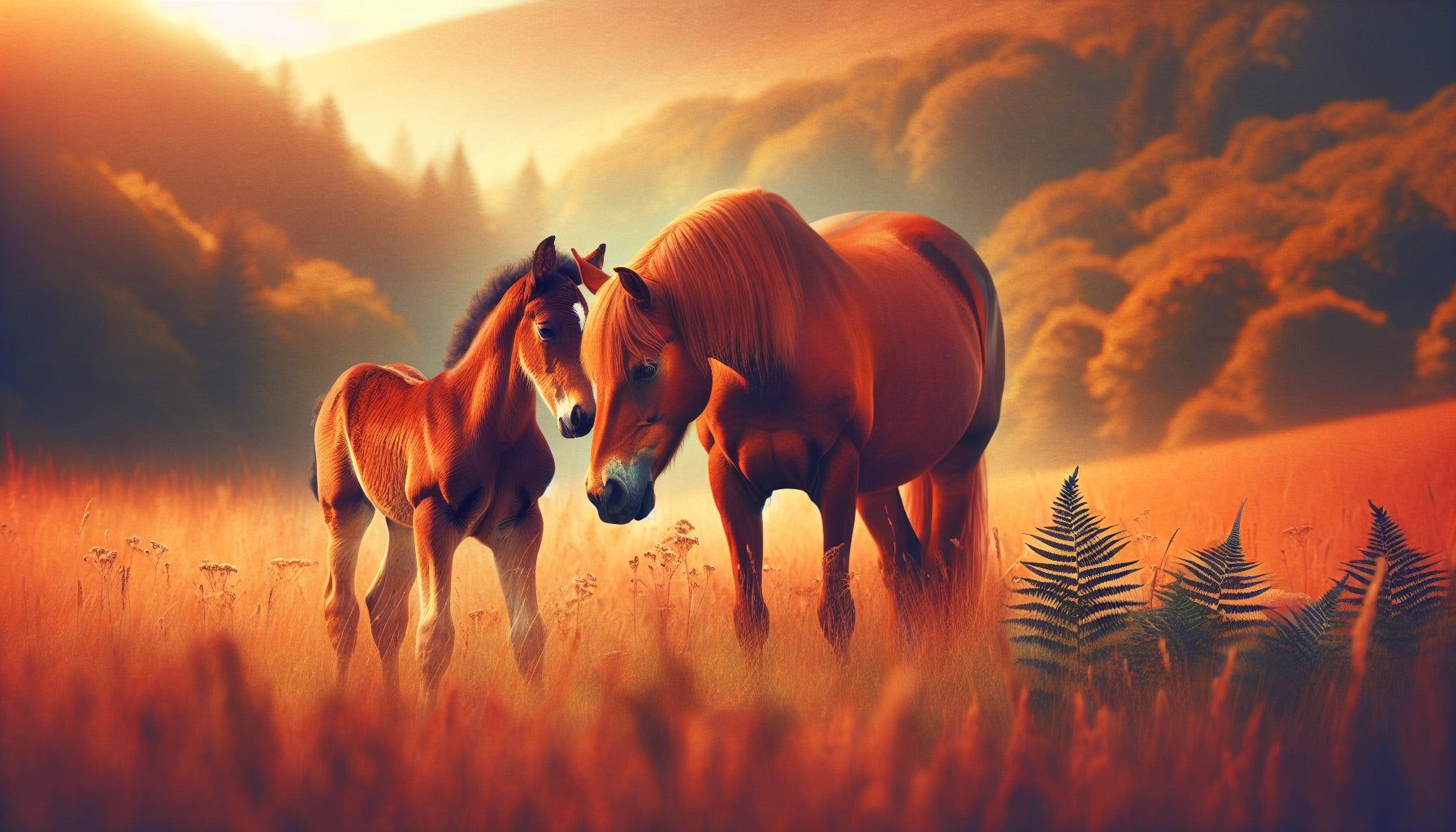 1792x1024 Horse Mural Wallpaper. Mother and Her Foal in Nature