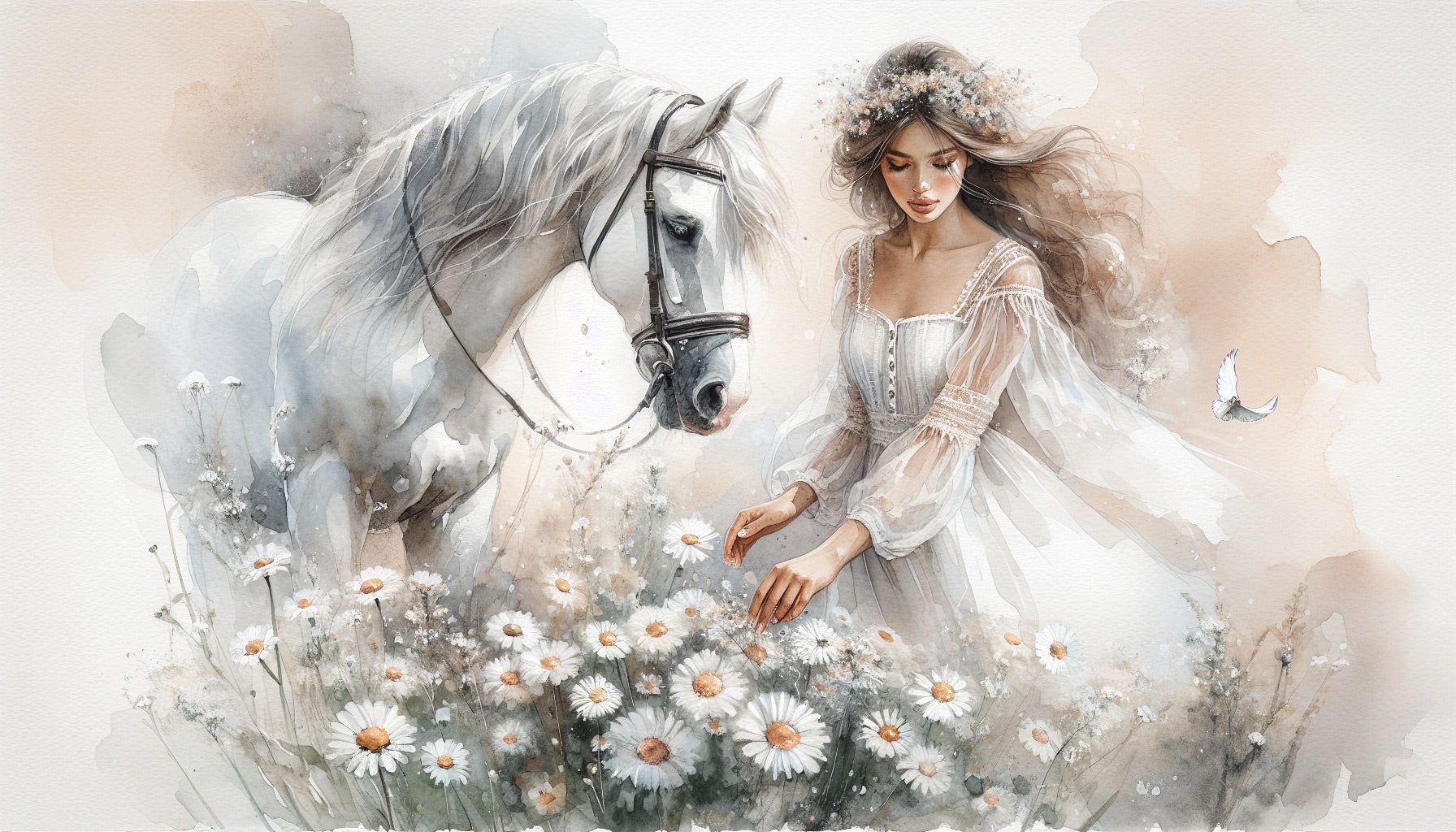 1792x1024 Horse Mural Wallpaper. Watercolor of a Woman and a Horse in Nature
