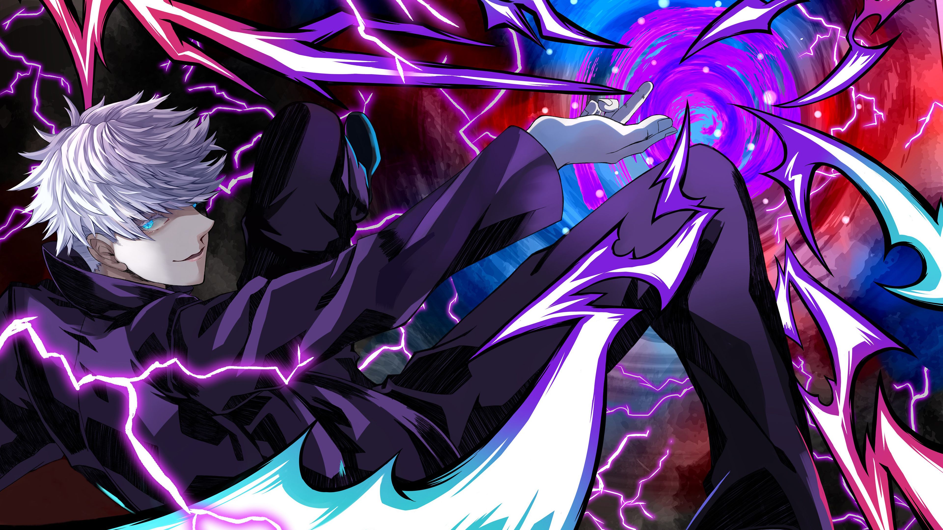 3840x2160 Black Dress White Hair Blue Eyes Satoru Gojo 4K HD Jujutsu Kaisen Wallpaper