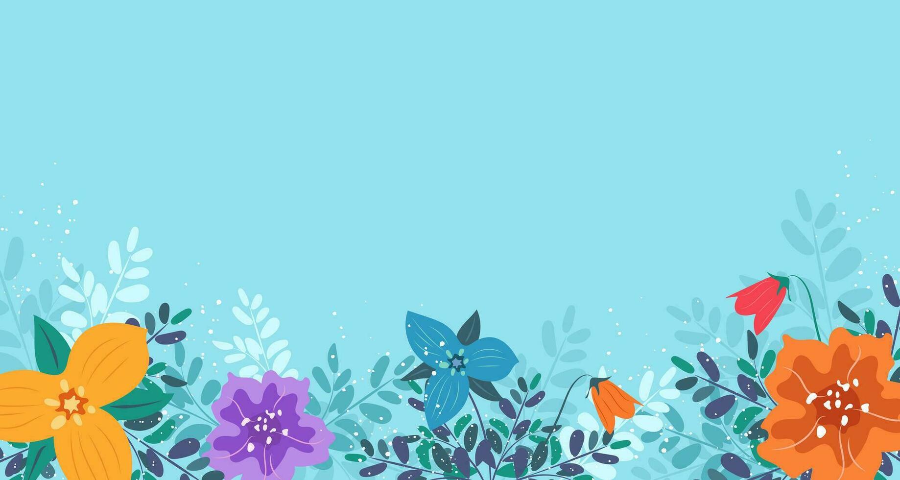1838x980 Horizontal banner, floral background with colorful and various flowers and leaves. Spring or summer botanical wallpaper in cartoon flat style on blue backdrop. Vector illustration