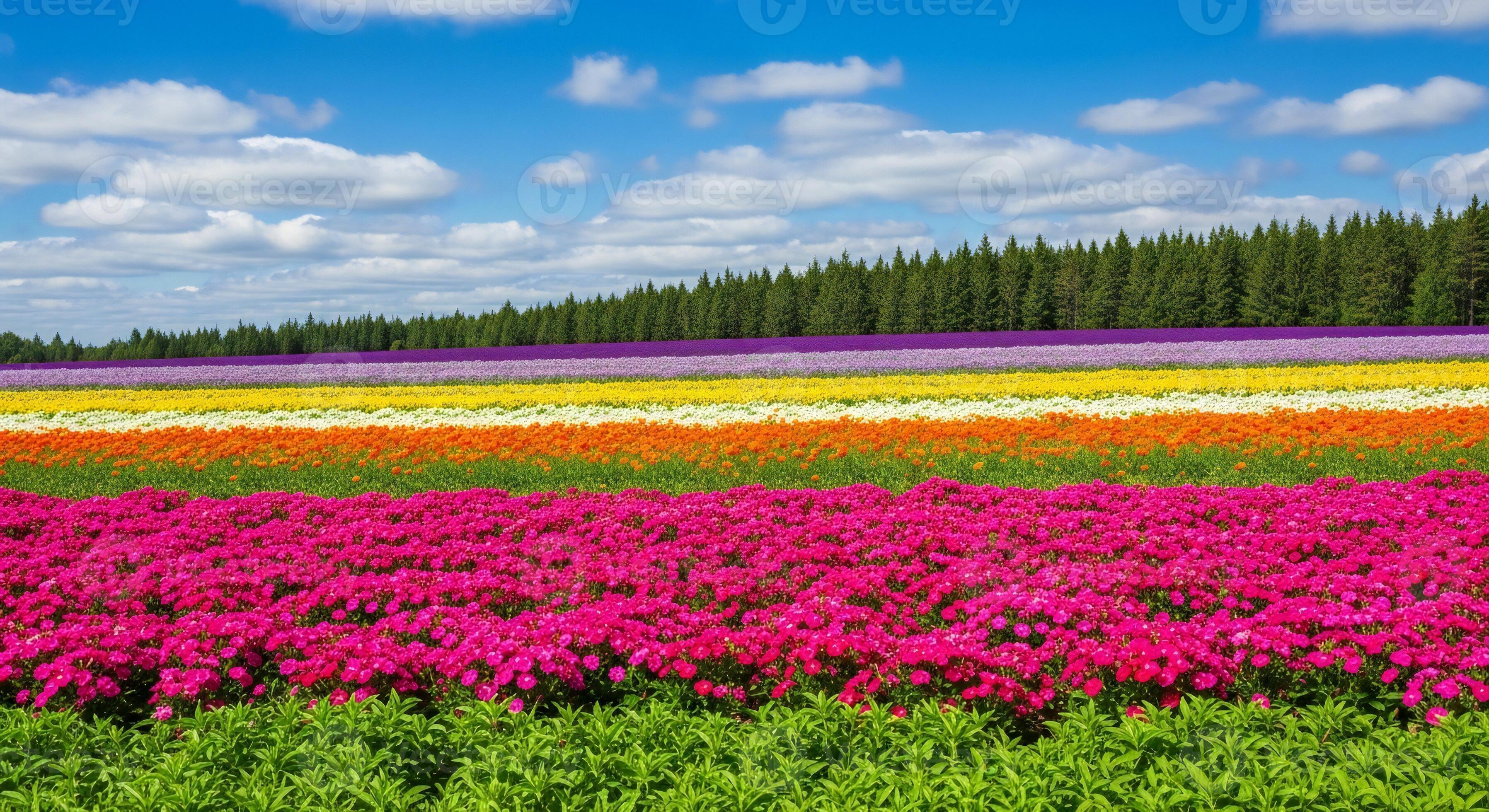 3593x1960 Flowers background, Flowers wallpaper, Vibrant flower fields in horizontal stripes of pink orange yellow purple and white under a blue sky
