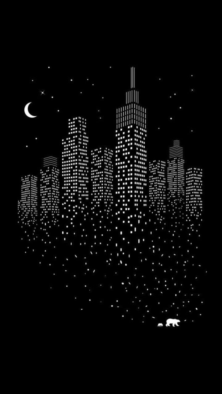720x1280 Night City Skyline with Stars and Moon Wallpaper. Blackout background ideas, City skyline silhouette with stars, Simple night city drawing