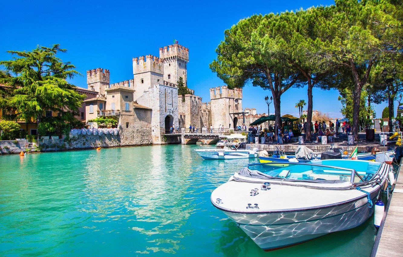 1332x850 Wallpaper the sky, the sun, trees, lake, people, castle, boats, Italy, Lago, lake Garda, Scaliger Castle image for desktop, section город