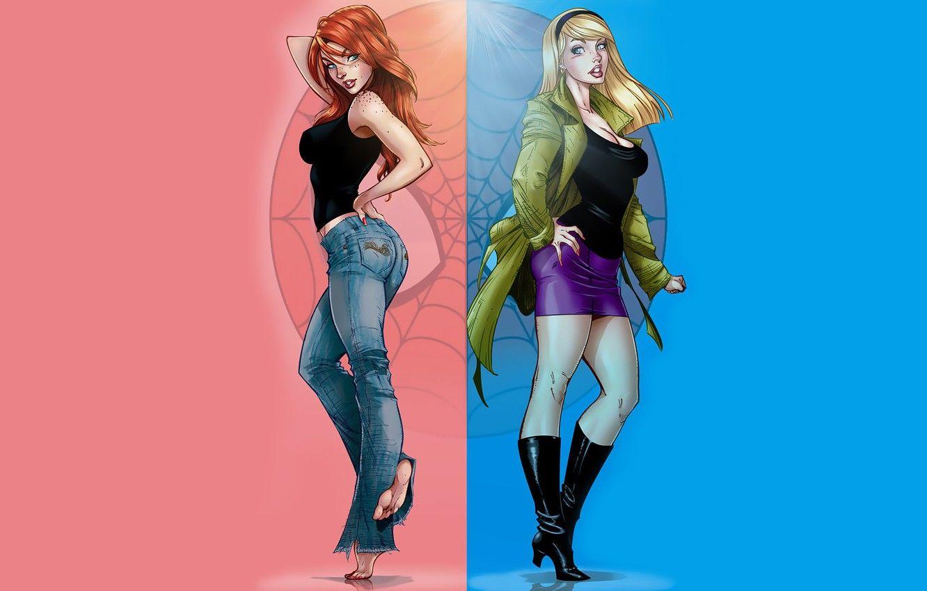1332x850 Wallpaper Girls, Skirt, Jeans, Boots, Art, Blonde, Freckles, Red, Coat, Comic, Marvel Comics, Spider Man, Spider Man, Gwen Stacy, Mary Jane Watson Image For Desktop, Section фантастика