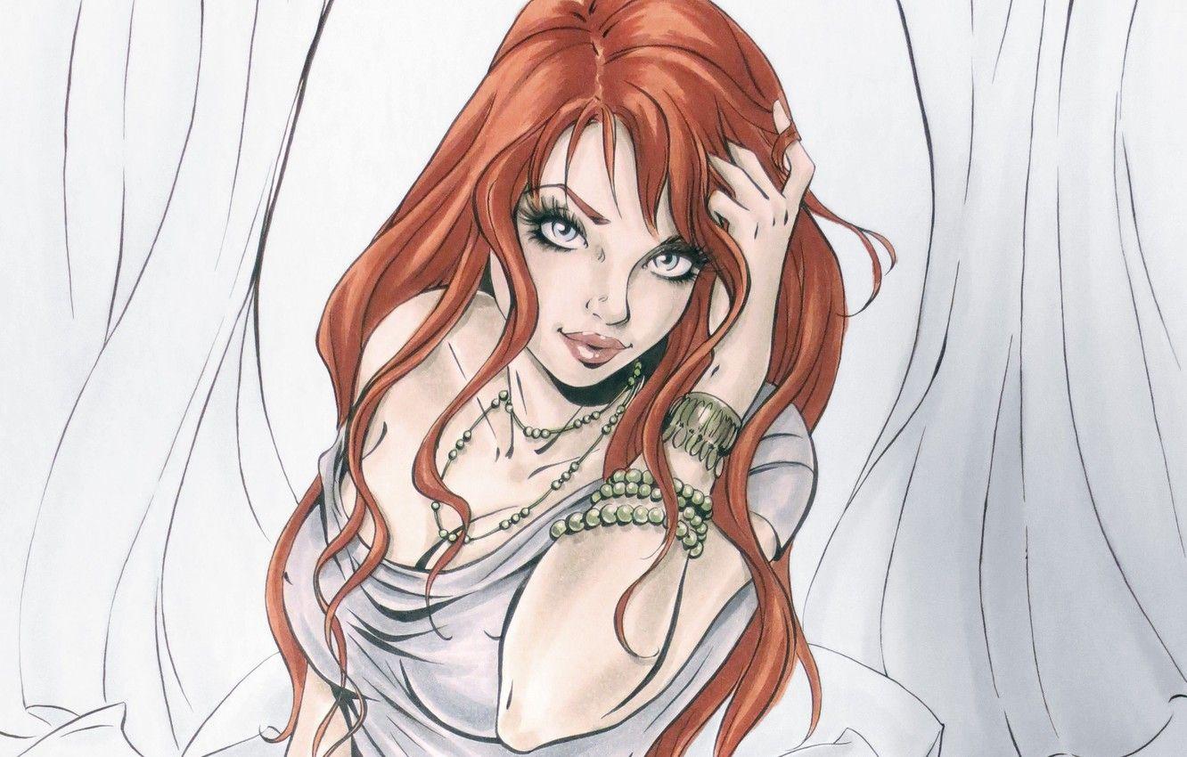 1332x850 Wallpaper look, girl, face, hand, art, red, painting, bracelets, Mary Jane Watson image for desktop, section живопись