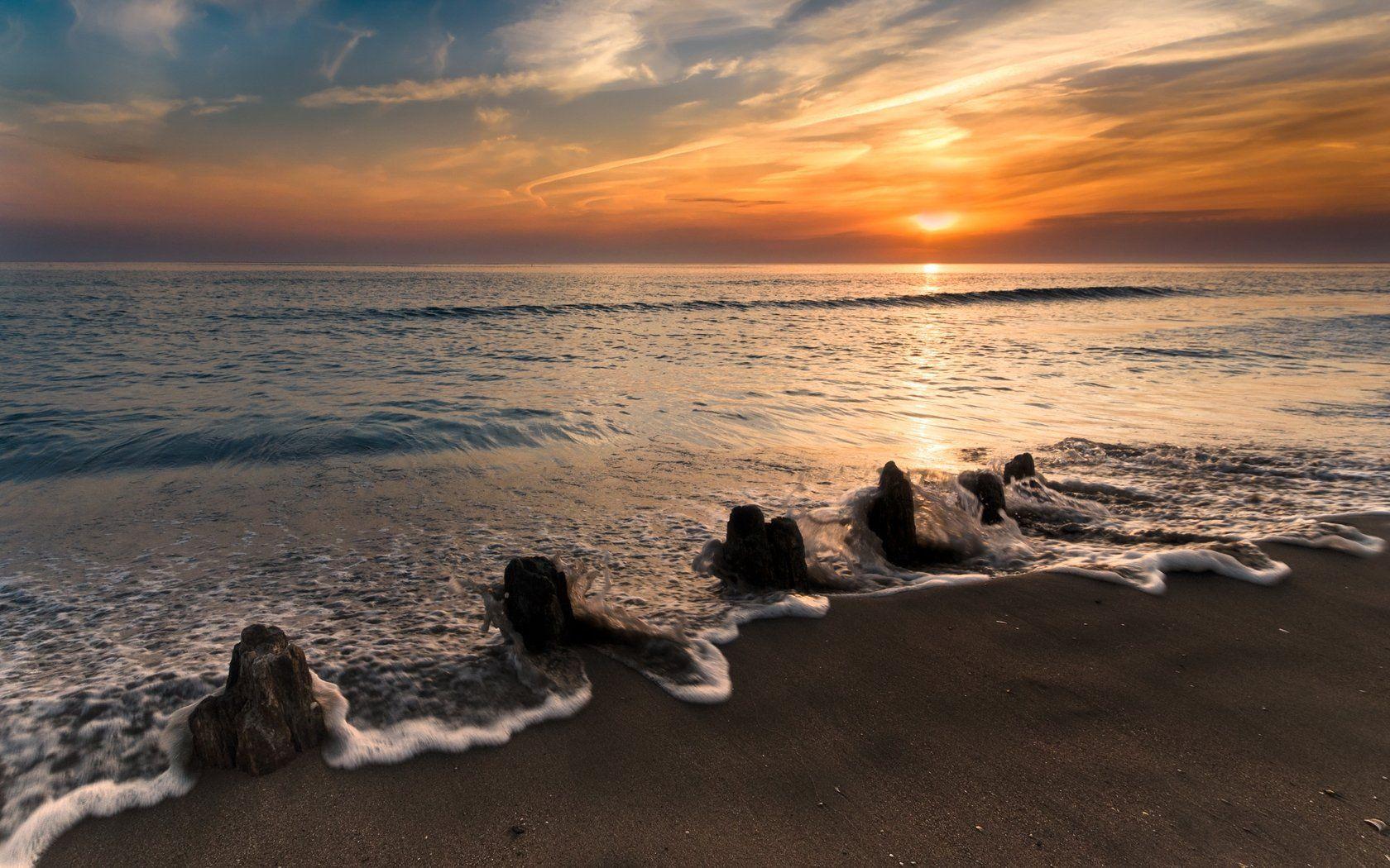1680x1050 sea, Coast, Wave, Foam, Stones, Decline, Orange, Calm, Landscape, Romanticism Wallpaper HD / Desktop and Mobile Background