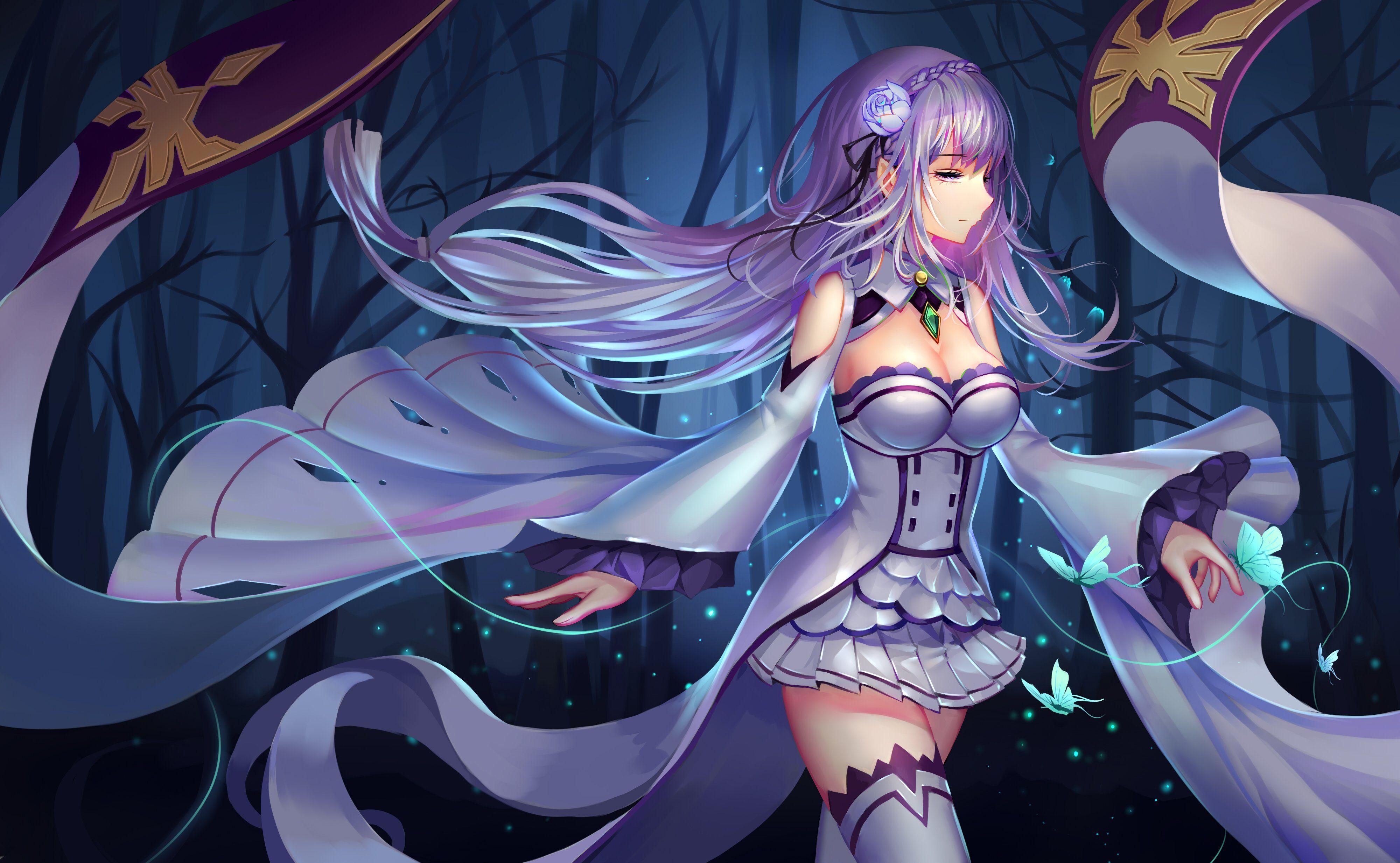4000x2467 Animal braids breasts butterfly cleavage emilia long hair mafuyu purple eyes purple hair skirt thighhighs white hair zettai ryouiki wallpaperx2467