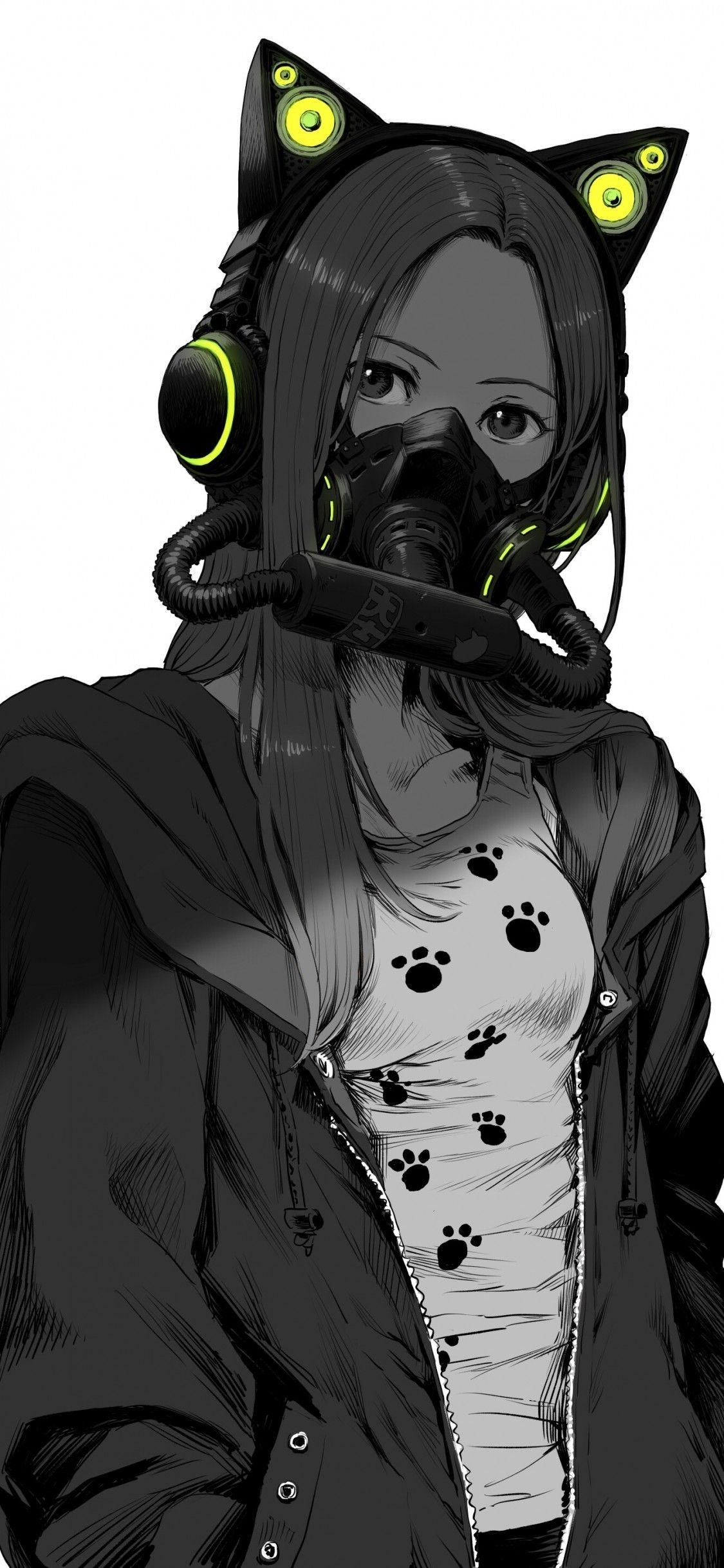 1125x2436 Download 1125x2436 Anime Girl, Mask, Jacket, Black And White, Manga Style Wallpaper for iPhone X