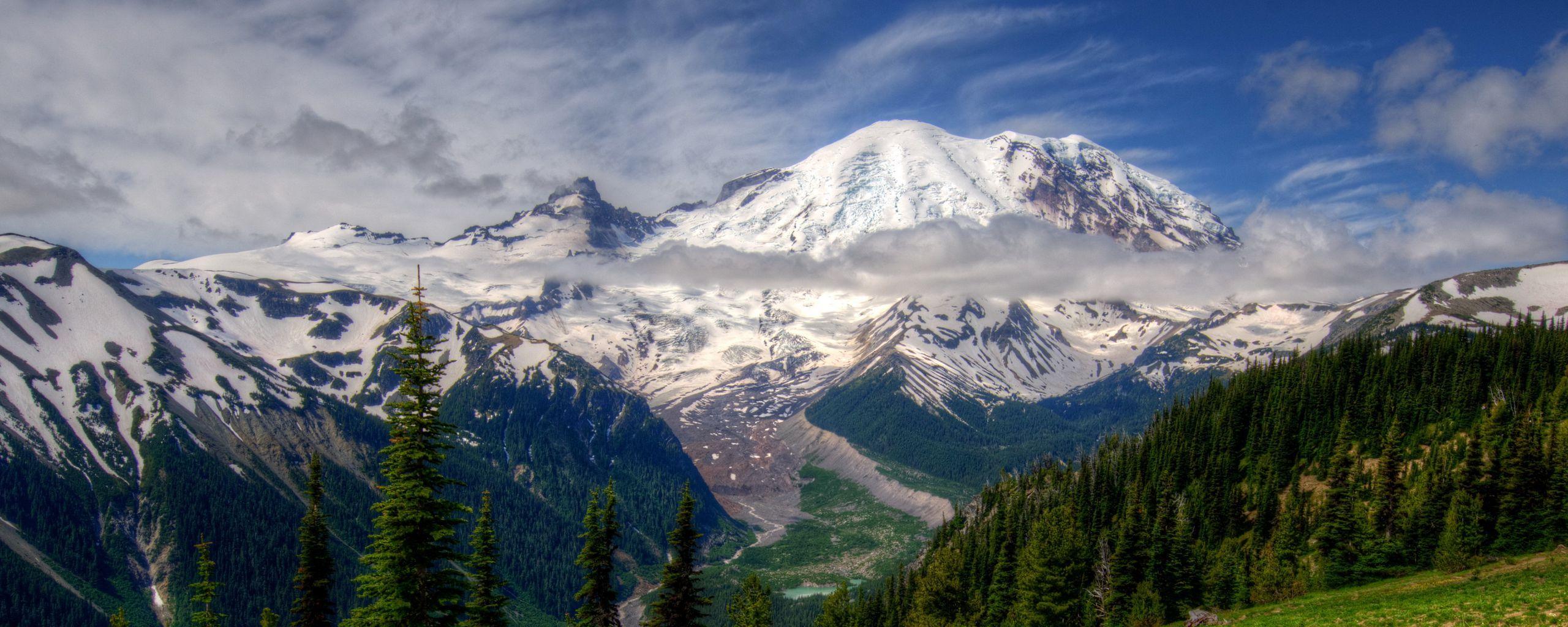 2560x1024 Download wallpaper 2560x1024 mountains, landscape, mt rainier, washington, grass, hdr ultrawide monitor HD background