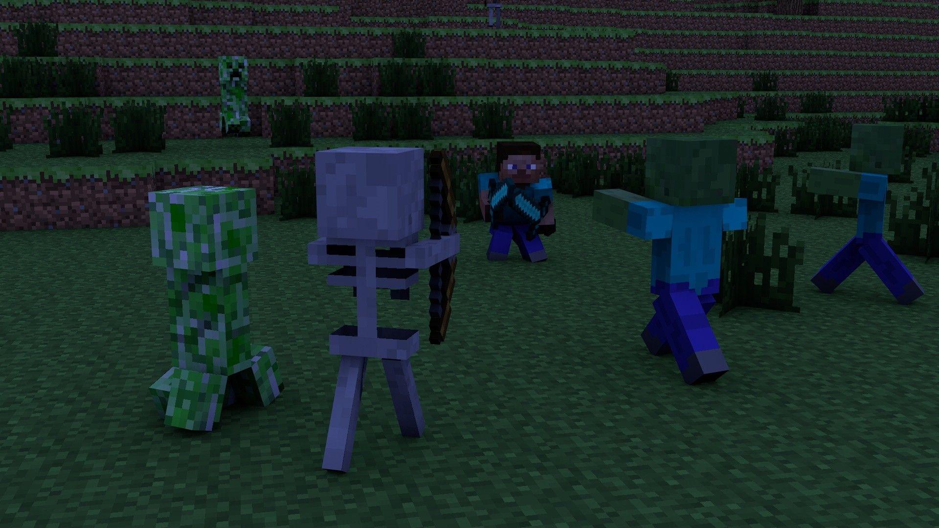 1920x1080 Zombies Creeper Steve skeletons Minecraft cinema 4d swords tapeta wallpaperx1080