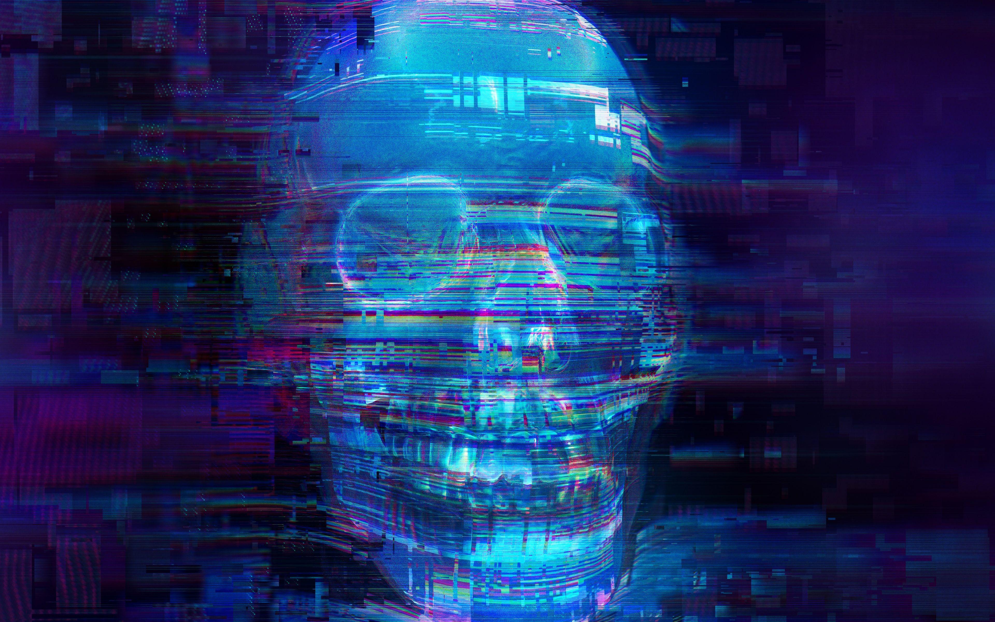 3840x2400 Download Skull, fear, glitch art, neon blue wallpaper, 3840x 4K Ultra HD 16: Widescreen