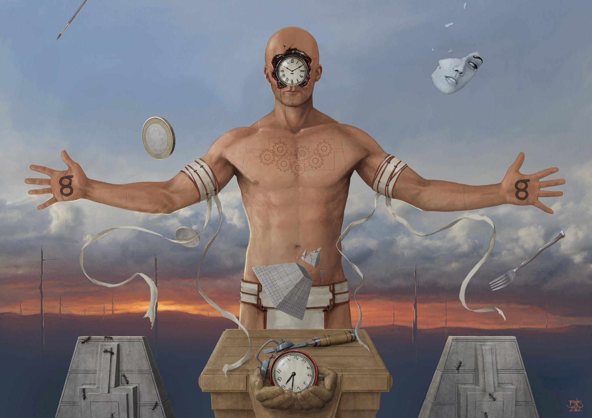 2000x1414 Art clock people surrealism bandages money coins ants pyramid face wallpaperx1414