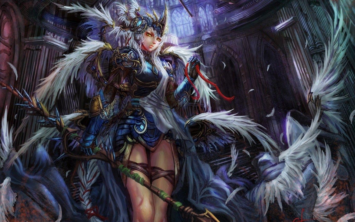1440x900 Wings weapons fantasy art yellow eyes anime white hair anime girls wallpaperx900