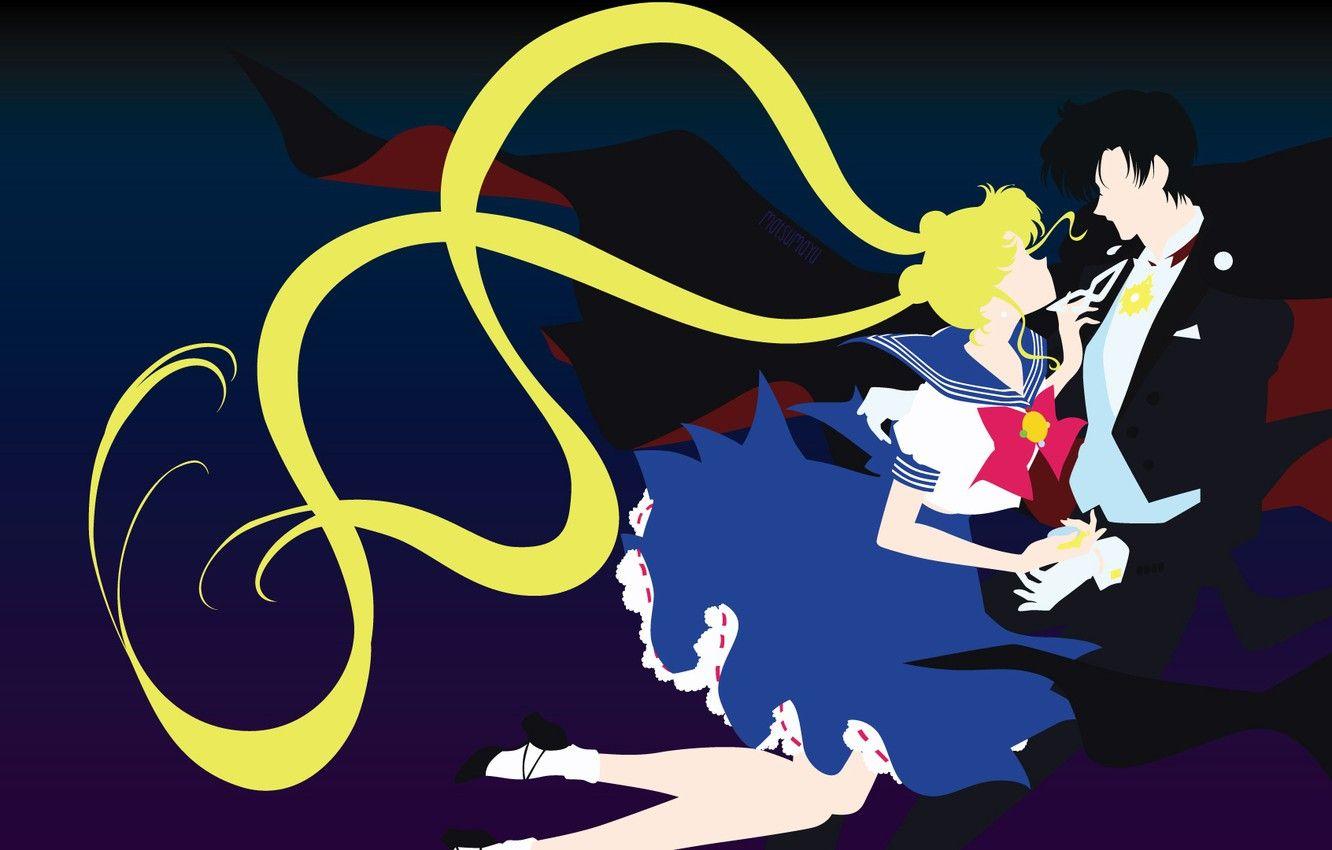 1332x850 Wallpaper girl, romance, pair, guy, two, black background, Sailor Moon image for desktop, section сёнэн
