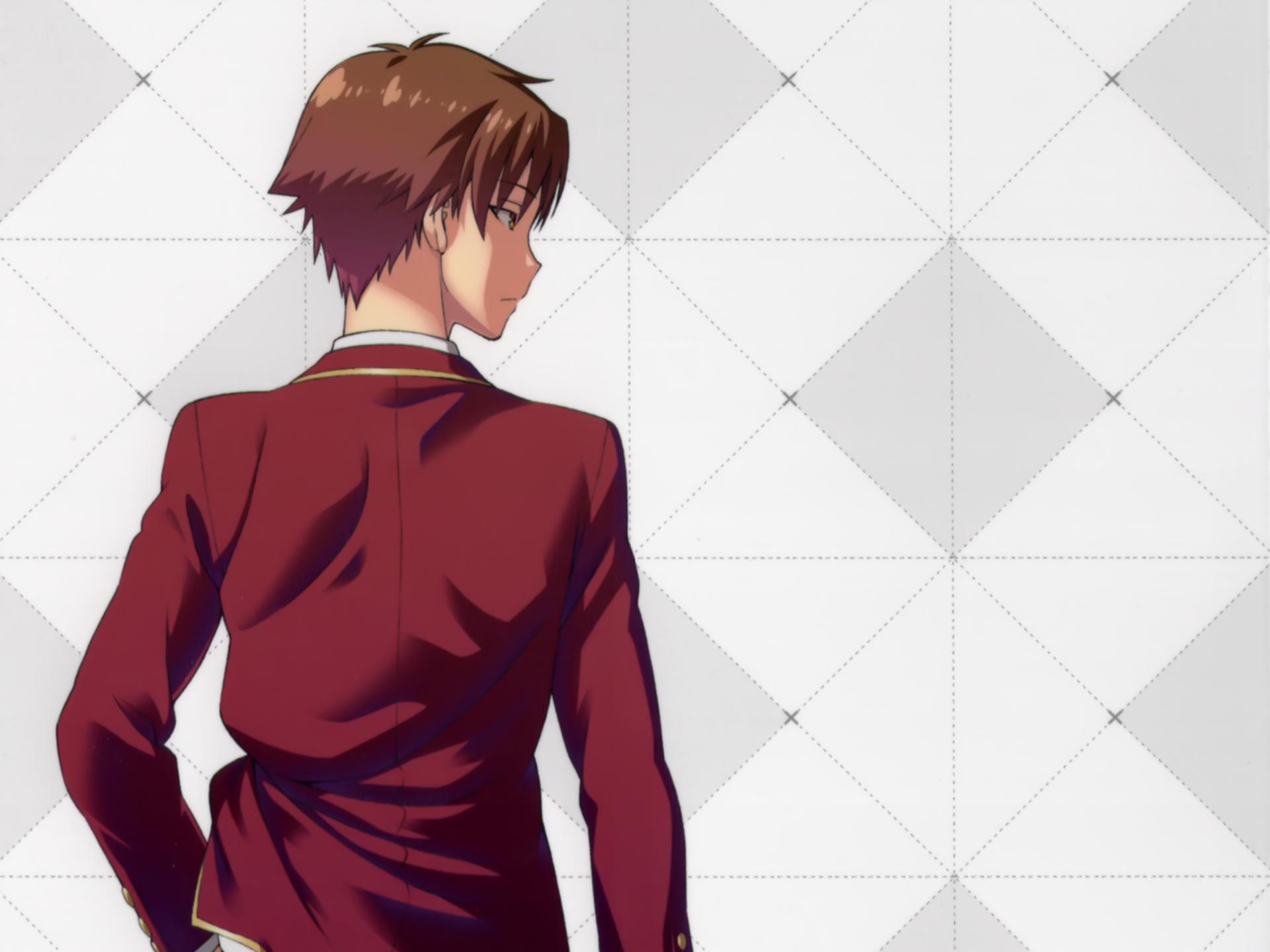 Download Caption: Charismatic Kiyotaka Ayanokoji Posing in Maroon Banner  Background Wallpaper