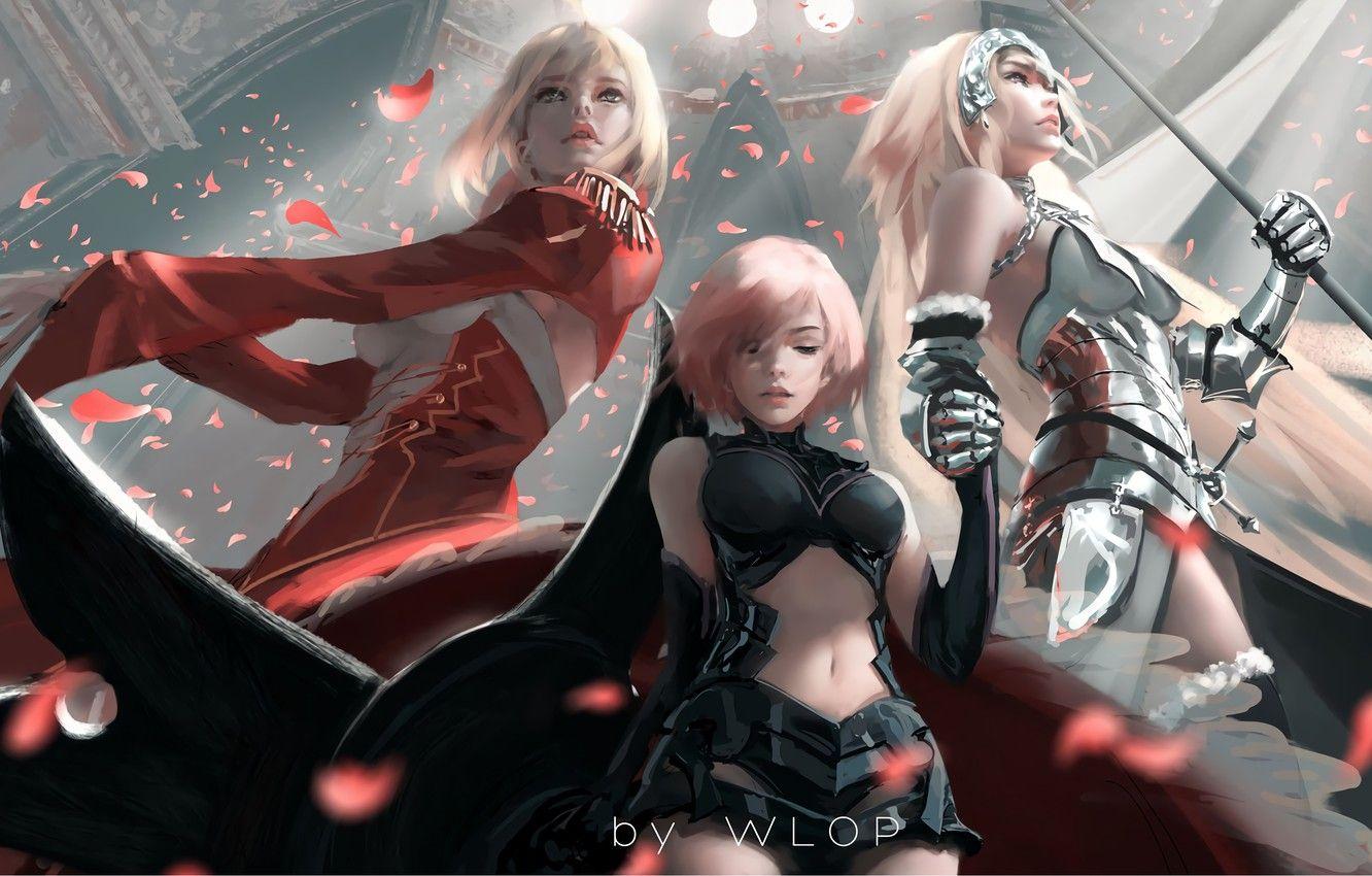 1332x850 Wallpaper Armor, Girls, Anime, Art, Painting, Digital Art, Petals, Artwork, Warrior, Spear, Fate Grand Order, WLOP, Joan Of Arc, Mash Kyrielight, Nero Claudius Image For Desktop, Section арт