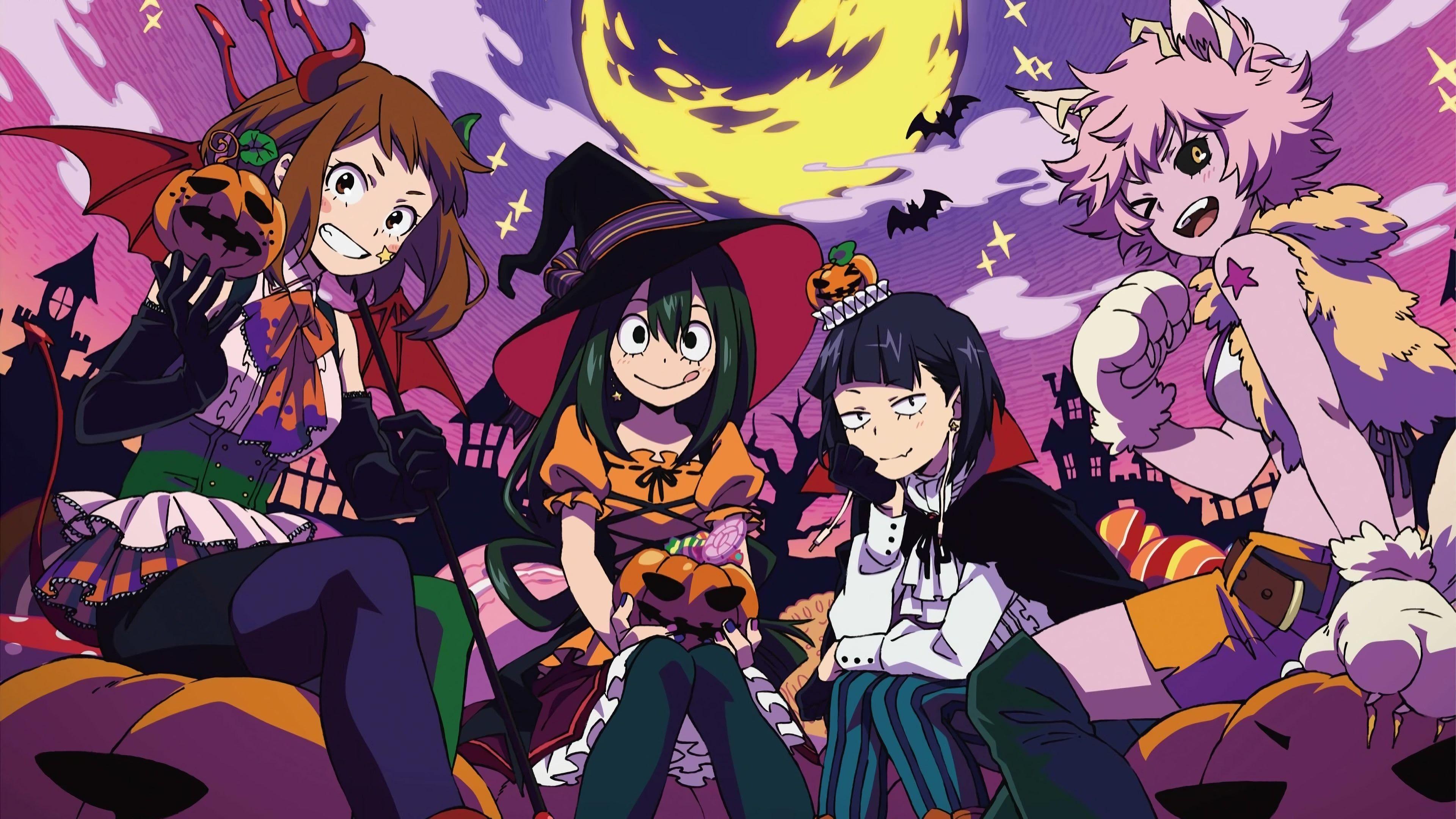 3840x2160 My Hero Academia Ochaco Uraraka Tsuyu Asui Kyoka Jiro Mina Ashido Halloween UHD 4K Wallpaper