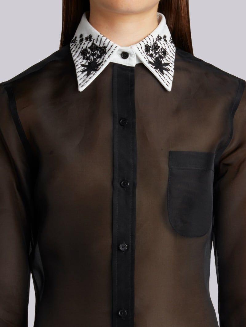 800x1066 Long Sleeve Button Down With French Cuffs & Wallpaper Floral Emboidery In Black Double Organza. Thom Browne