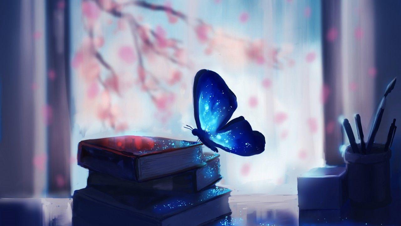 1280x720 Hình nền màu xanh da trời, Con bướm, Sách, Tưởng tượng, 4K, Đồ họa sáng tạo