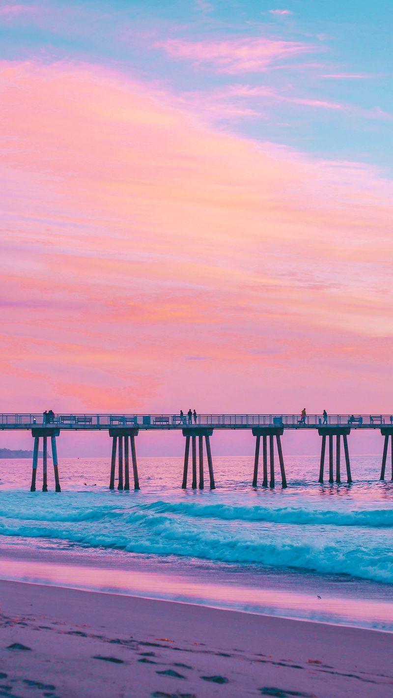 800x1420 Download Wallpaper 800x1420 Pier, Sea, Surf, Pink, Hermosa Beach, California Iphone Se 5s 5c 5 For Parallax HD Background