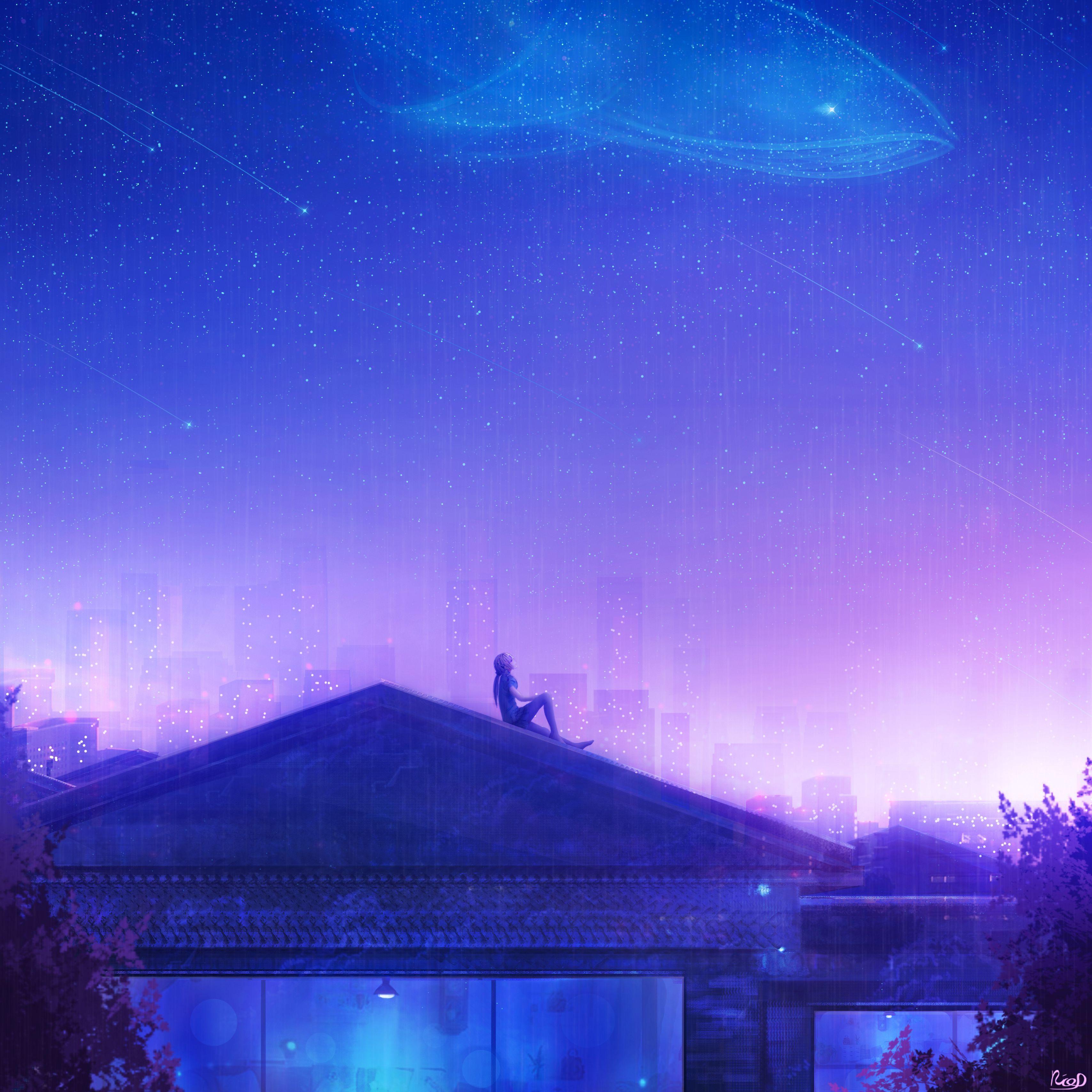 3415x3415 Download wallpaper 3415x3415 roof, night, constellation, art, man, solitude, stars ipad pro 12.9 retina for parallax HD background