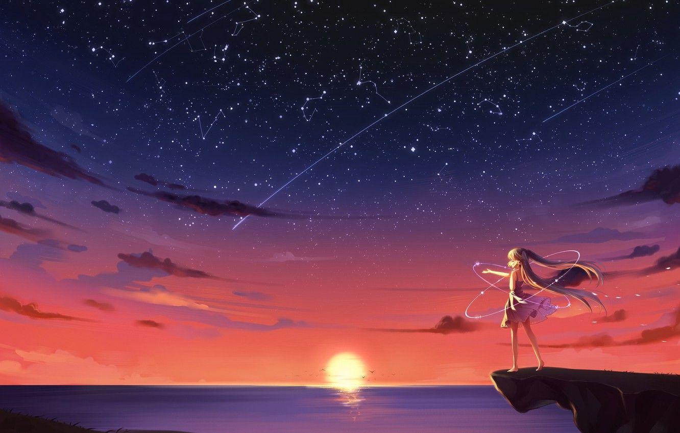 1332x850 Wallpaper the sun, dawn, magic, horizon, girl, rock, constellation, art, starry sky, Starfall, Mor, KyuriTizu image for desktop, section прочее