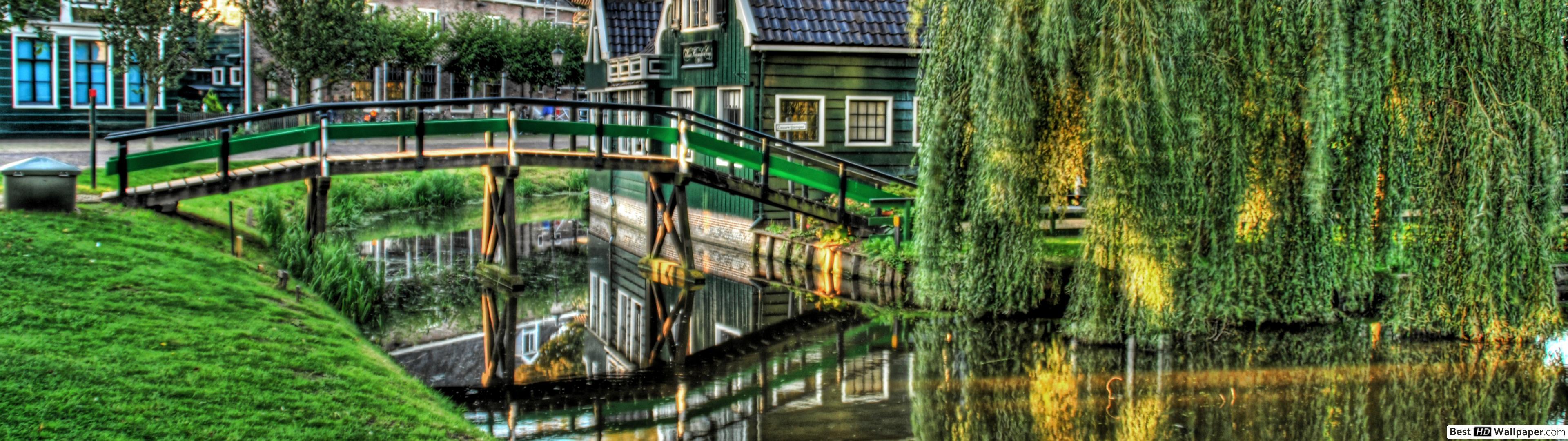 3840x1080 Houses along a canal in holland HD wallpaper download