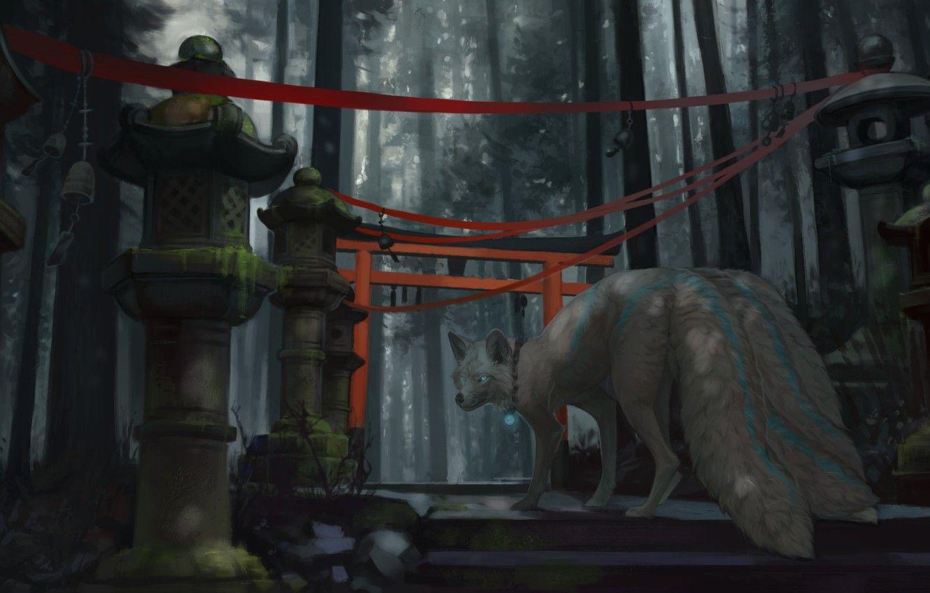 1332x850 Wallpaper Japan, Lights, Stage, Nine Tailed, Art, Red Ribbon, The Demon Fox, Fox Demon, Mysterious Forest, Torii Gate, Aivoree Image For Desktop, Section фантастика