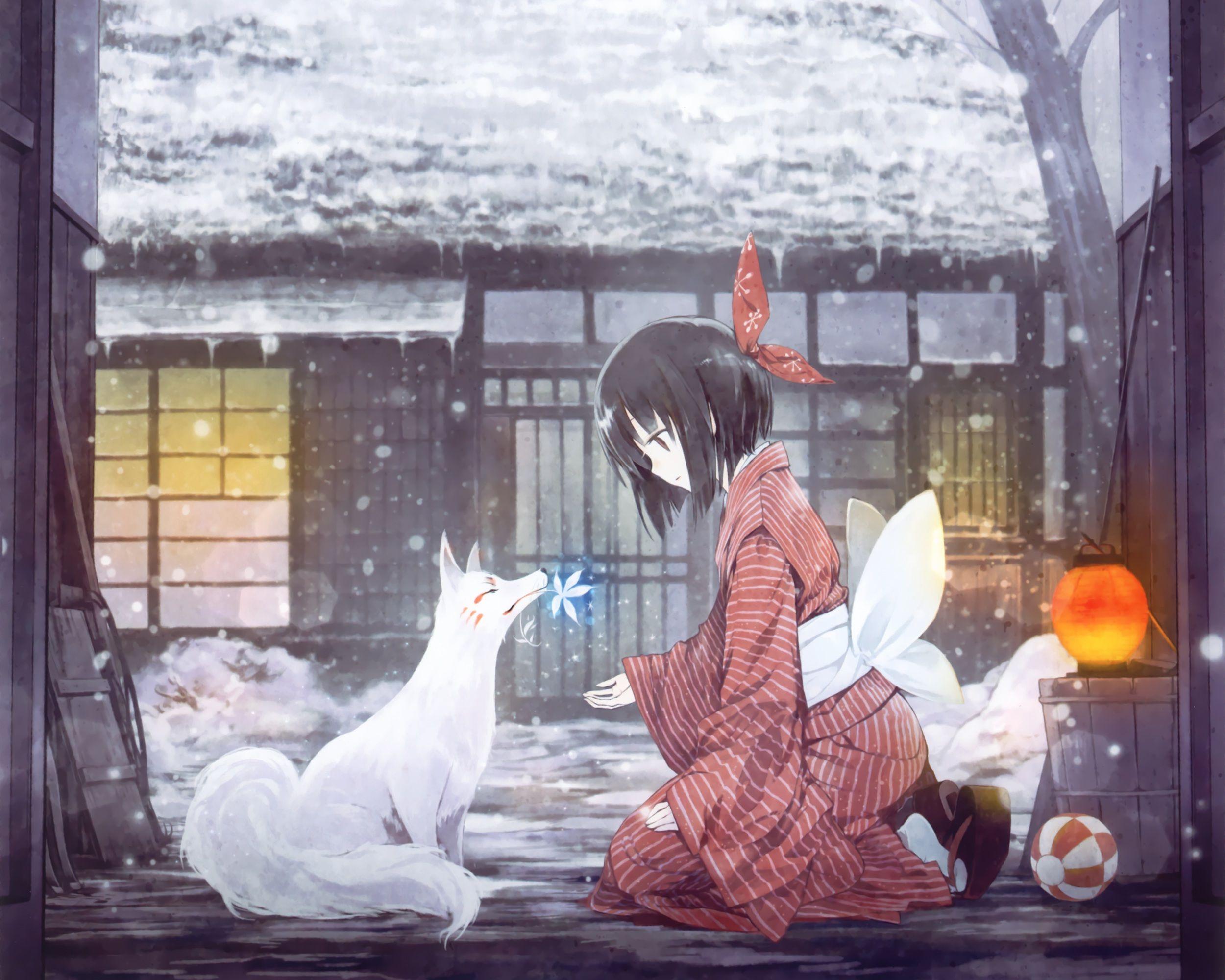 2500x2000 Original animal black hair fox japanese clothes short hair snow takano otohiko wallpaperx2000