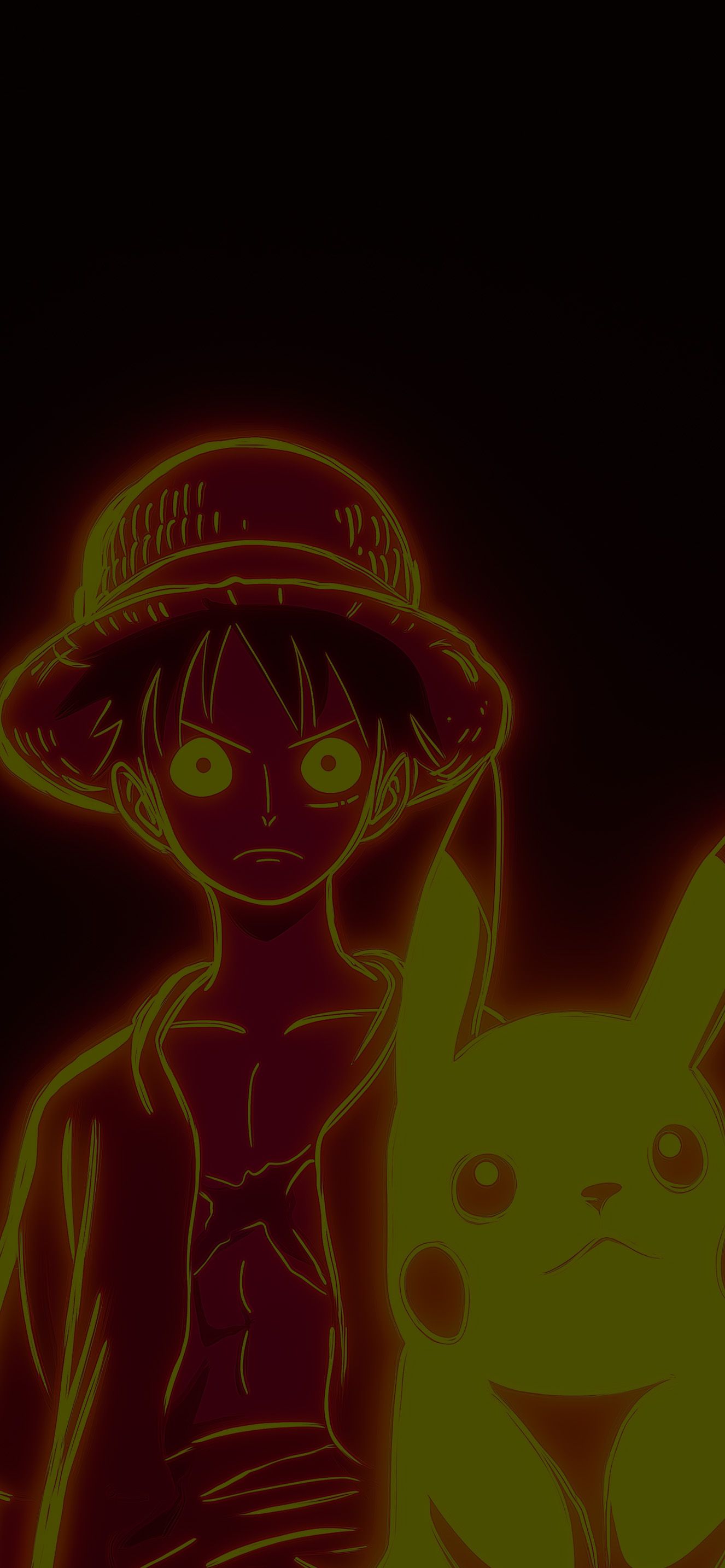 1326x2868 Neon Orange Luffy & Pikachu Glow Anime Duo Wallpaper iPhone